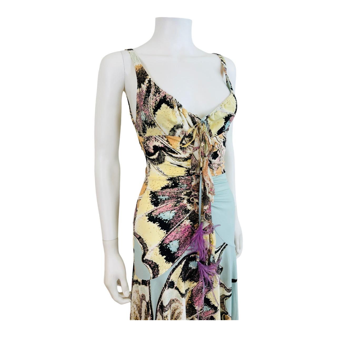 Vintage S/S 2004 Y2K Roberto Cavalli Butterfly Animal Print Midi Dress Feathers For Sale 7