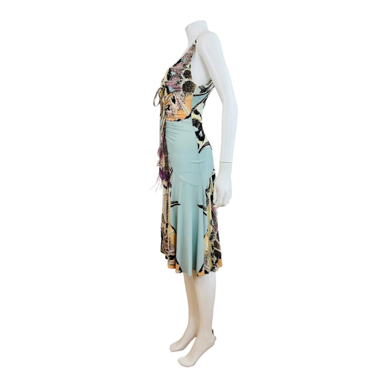 Vintage S/S 2004 Y2K Roberto Cavalli Butterfly Animal Print Midi Dress Feathers For Sale 8