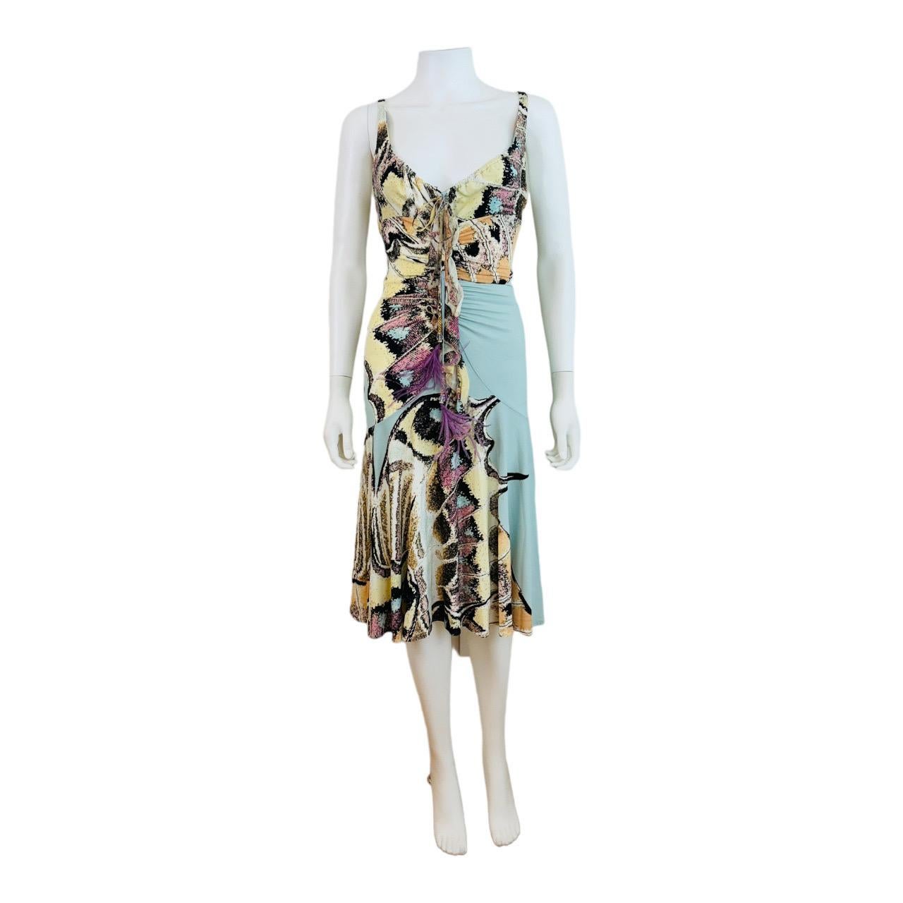 Vintage S/S 2004 Y2K Roberto Cavalli Butterfly Animal Print Midi Dress Feathers In Excellent Condition For Sale In Denver, CO
