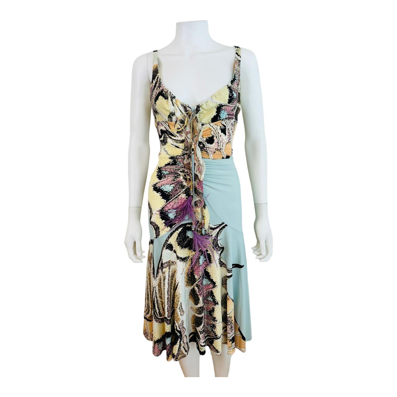 Vintage S/S 2004 Y2K Roberto Cavalli Butterfly Animal Print Midi Dress Feathers In Excellent Condition In Denver, CO