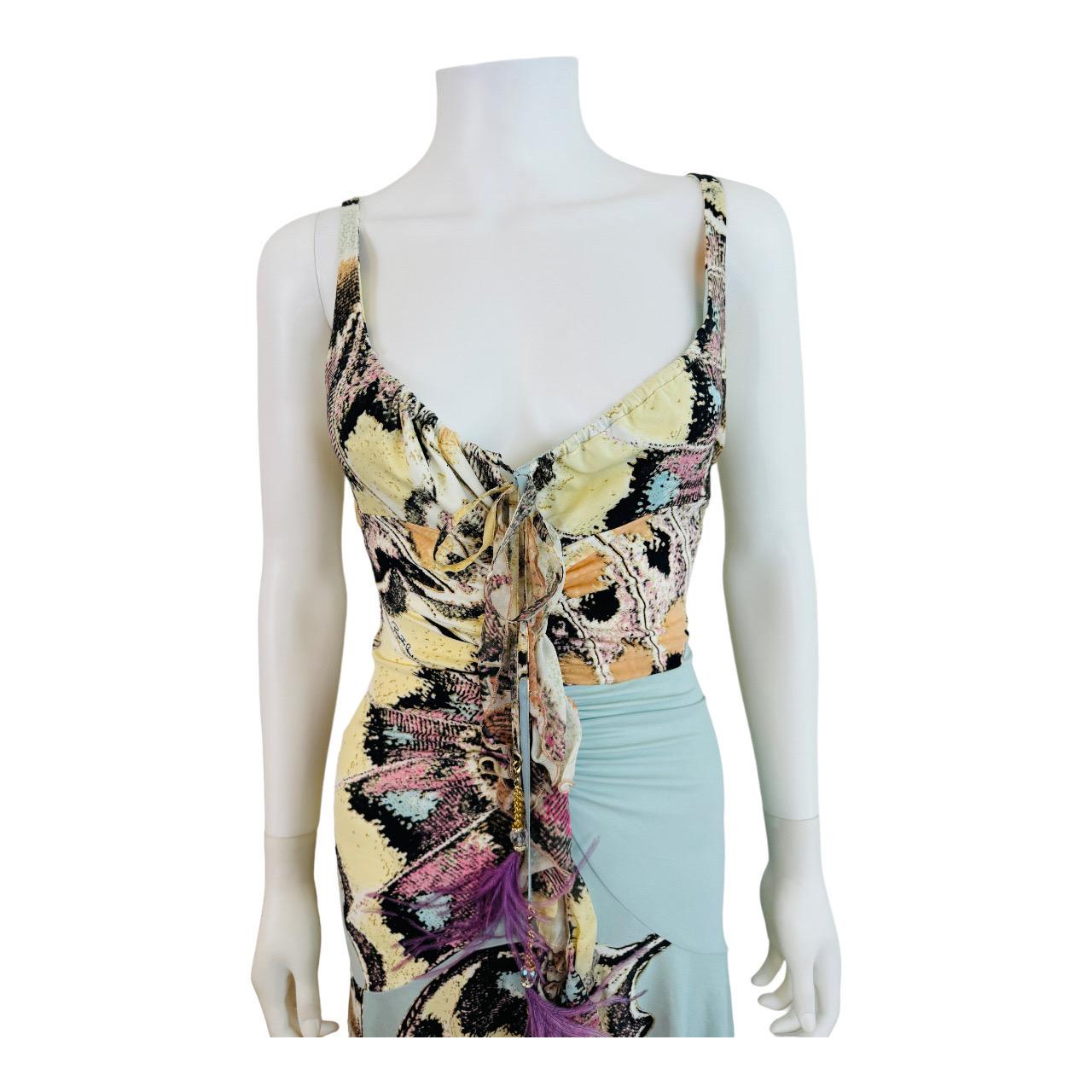 Women's Vintage S/S 2004 Y2K Roberto Cavalli Butterfly Animal Print Midi Dress Feathers