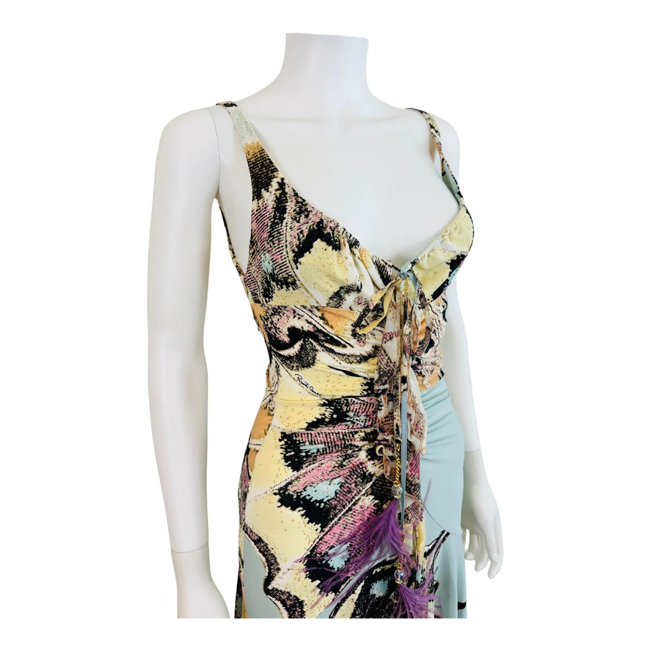 Vintage S/S 2004 Y2K Roberto Cavalli Butterfly Animal Print Midi Dress Feathers For Sale 2