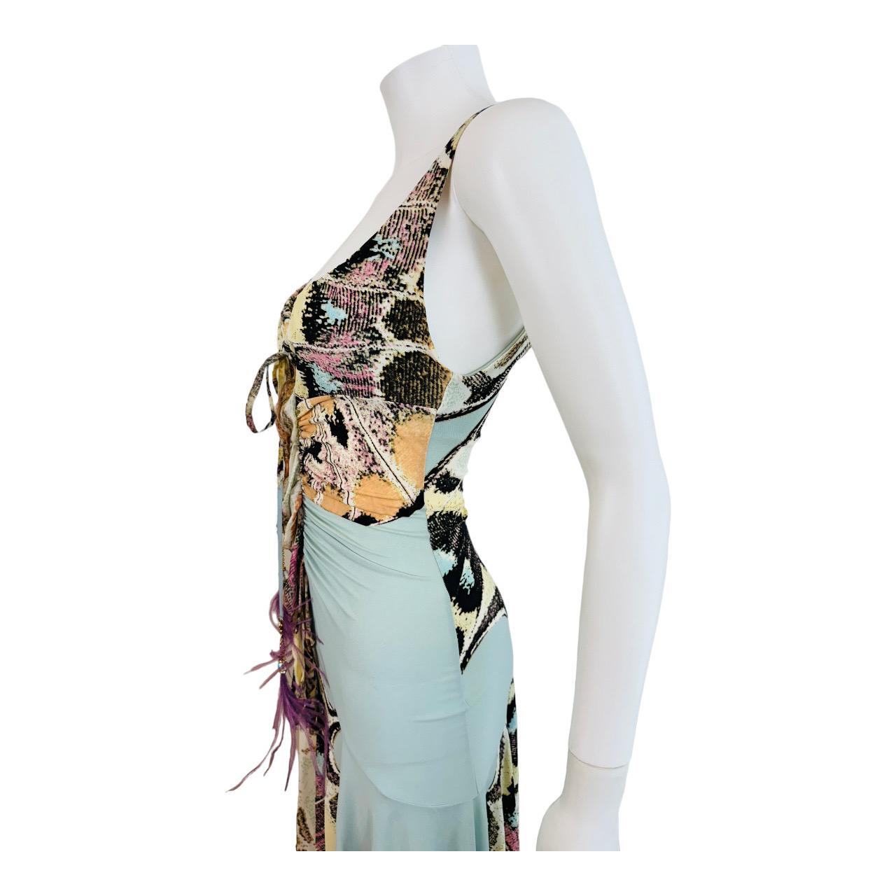 Vintage S/S 2004 Y2K Roberto Cavalli Butterfly Animal Print Midi Dress Feathers For Sale 5
