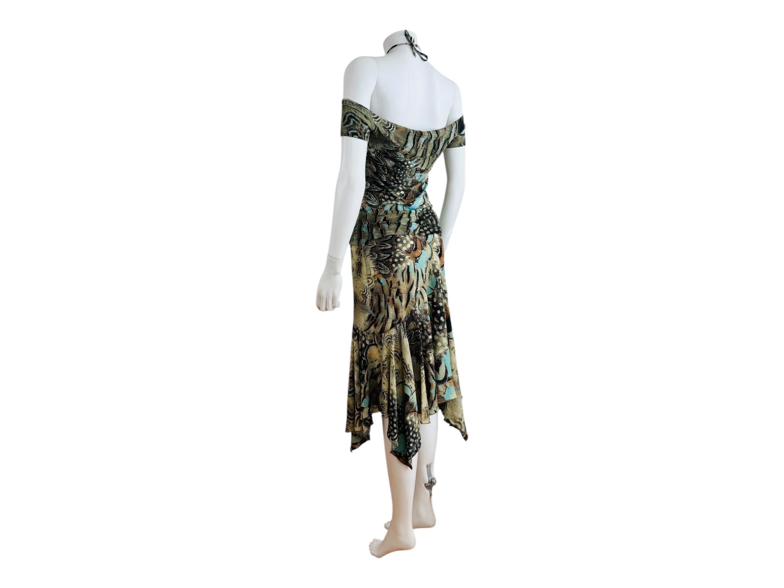 Vintage S/S 2004 Y2K Roberto Cavalli Feather Print Halter Top Skirt Set Dress For Sale 5