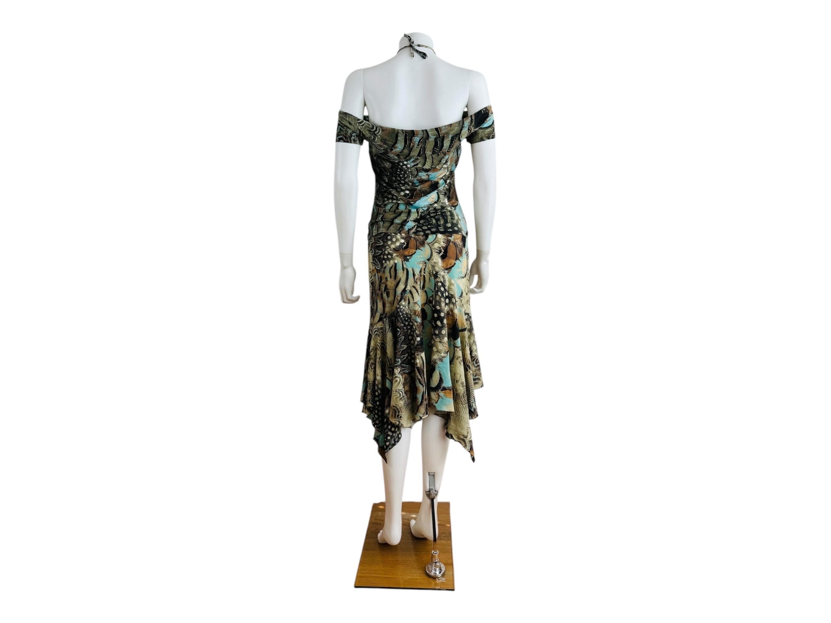 Vintage S/S 2004 Y2K Roberto Cavalli Feather Print Halter Top Skirt Set Dress For Sale 6