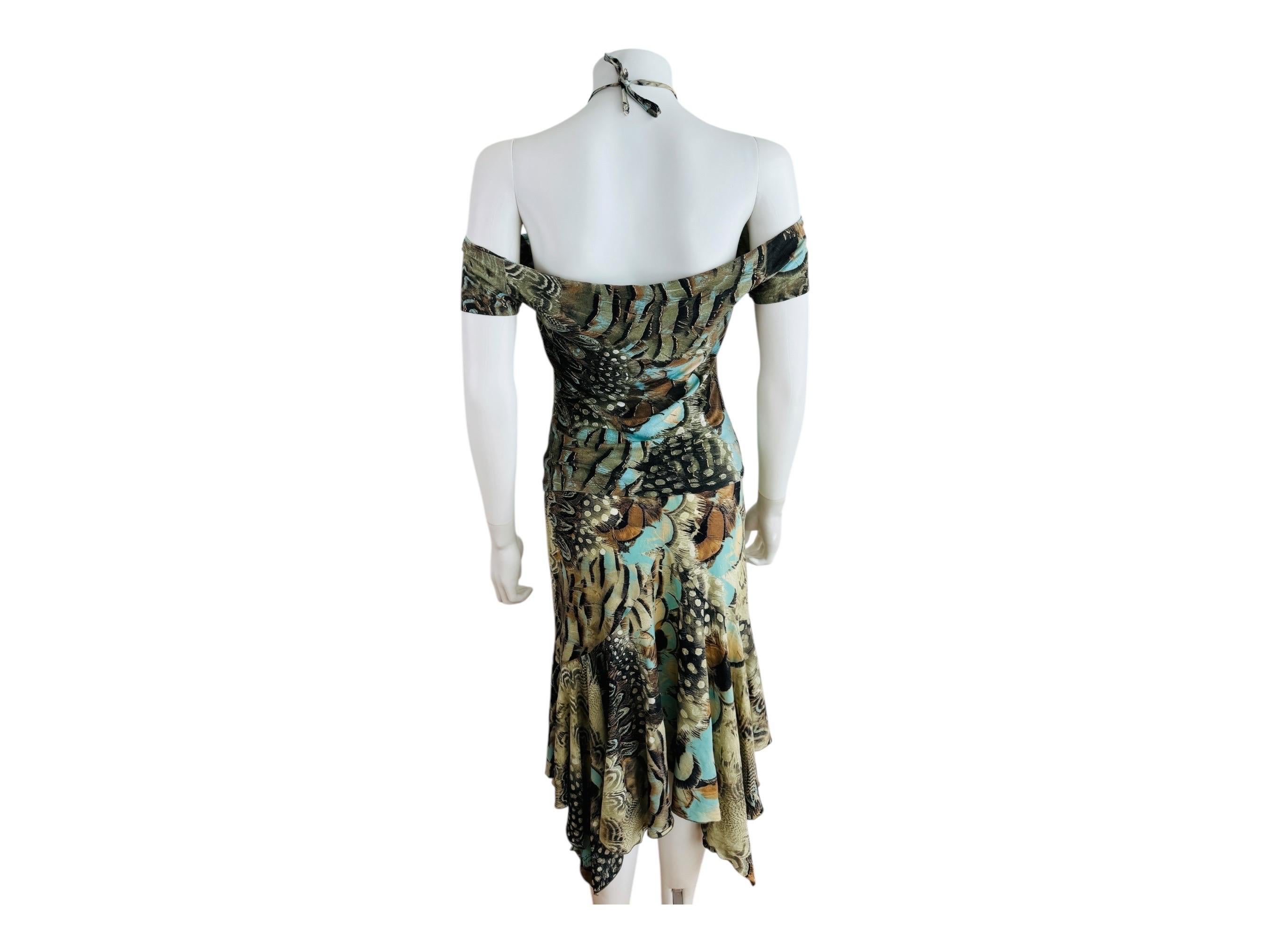 Vintage S/S 2004 Y2K Roberto Cavalli Feather Print Halter Top Skirt Set Dress For Sale 7