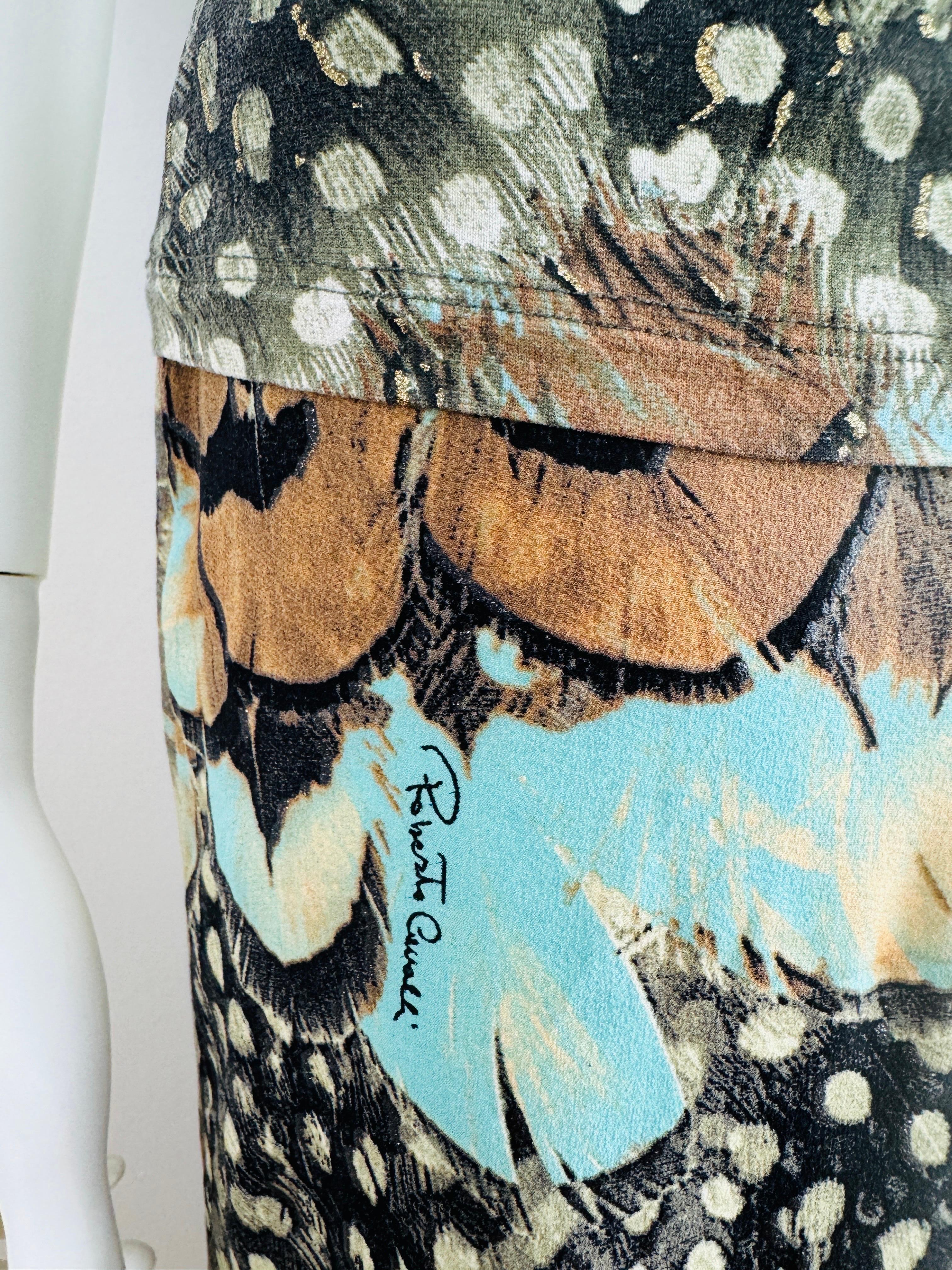 Vintage S/S 2004 Y2K Roberto Cavalli Feather Print Halter Top Skirt Set Dress For Sale 8
