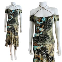 Vintage S/S 2004 Y2K Roberto Cavalli, abito con stampa di piume, top, gonna e set di vestiti