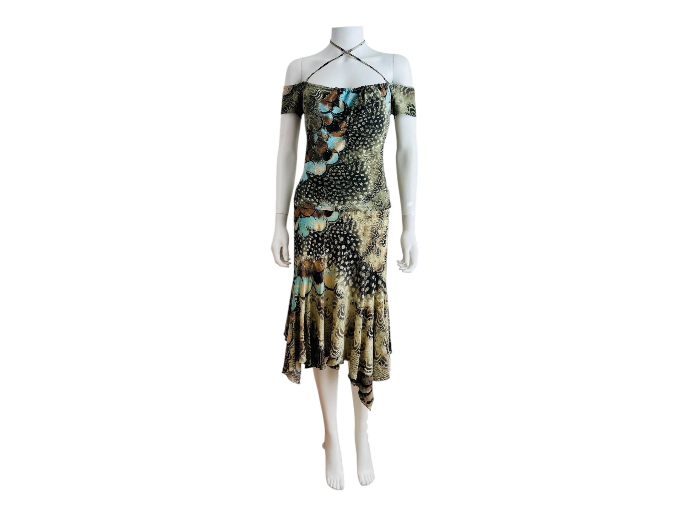 Gray Vintage S/S 2004 Y2K Roberto Cavalli Feather Print Halter Top Skirt Set Dress For Sale