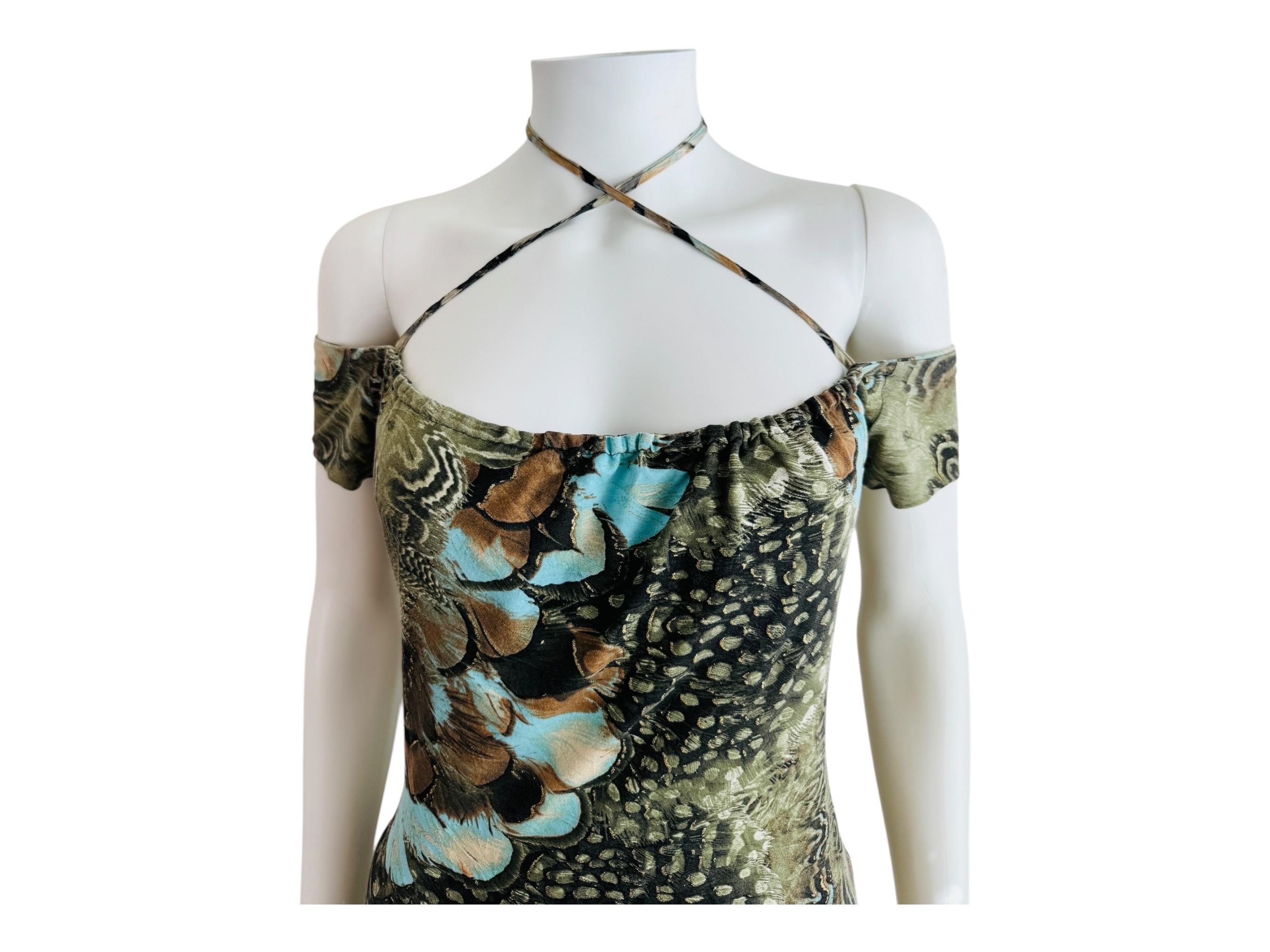 Women's Vintage S/S 2004 Y2K Roberto Cavalli Feather Print Halter Top Skirt Set Dress For Sale