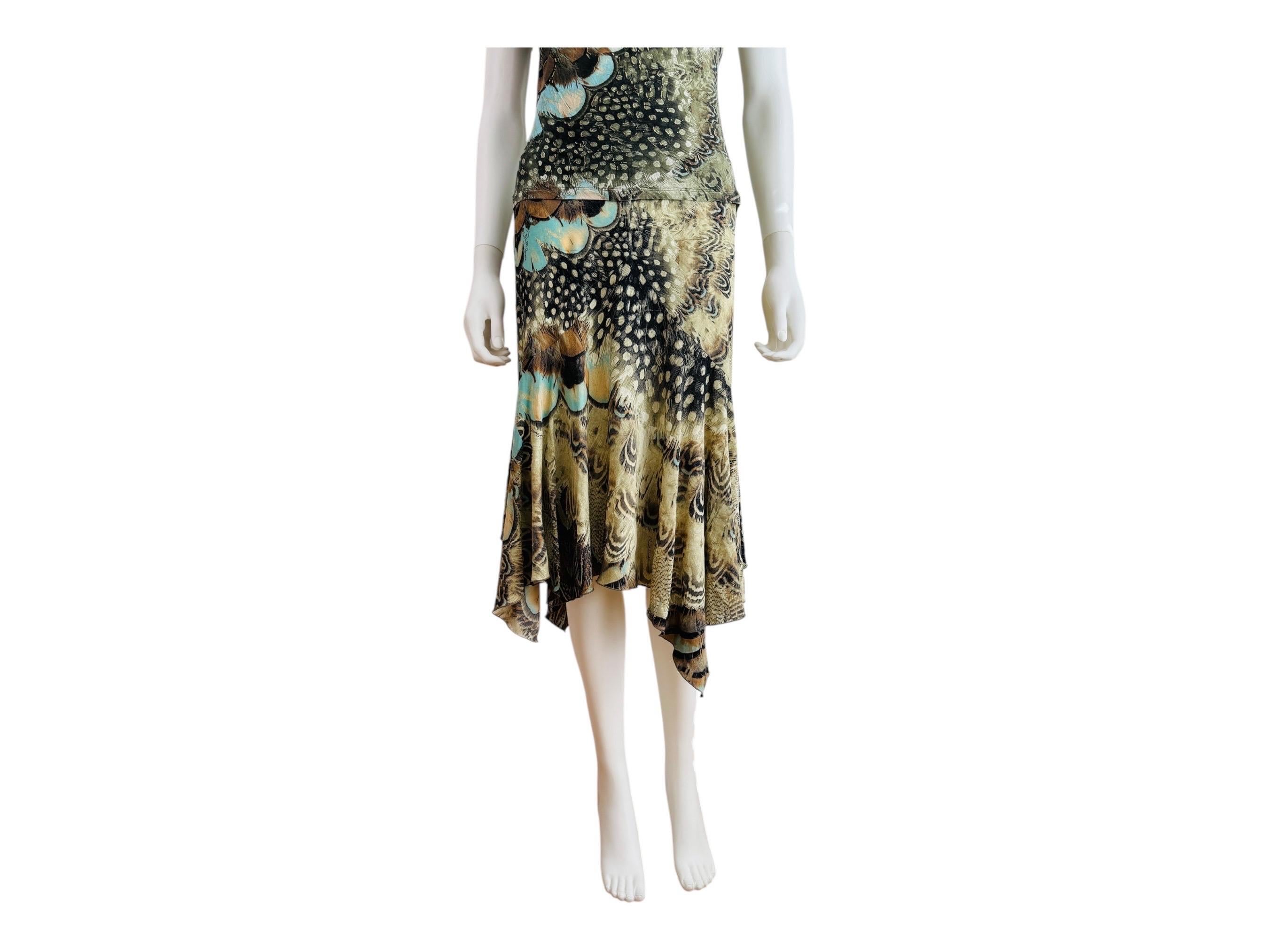 Vintage S/S 2004 Y2K Roberto Cavalli Feather Print Halter Top Skirt Set Dress For Sale 1