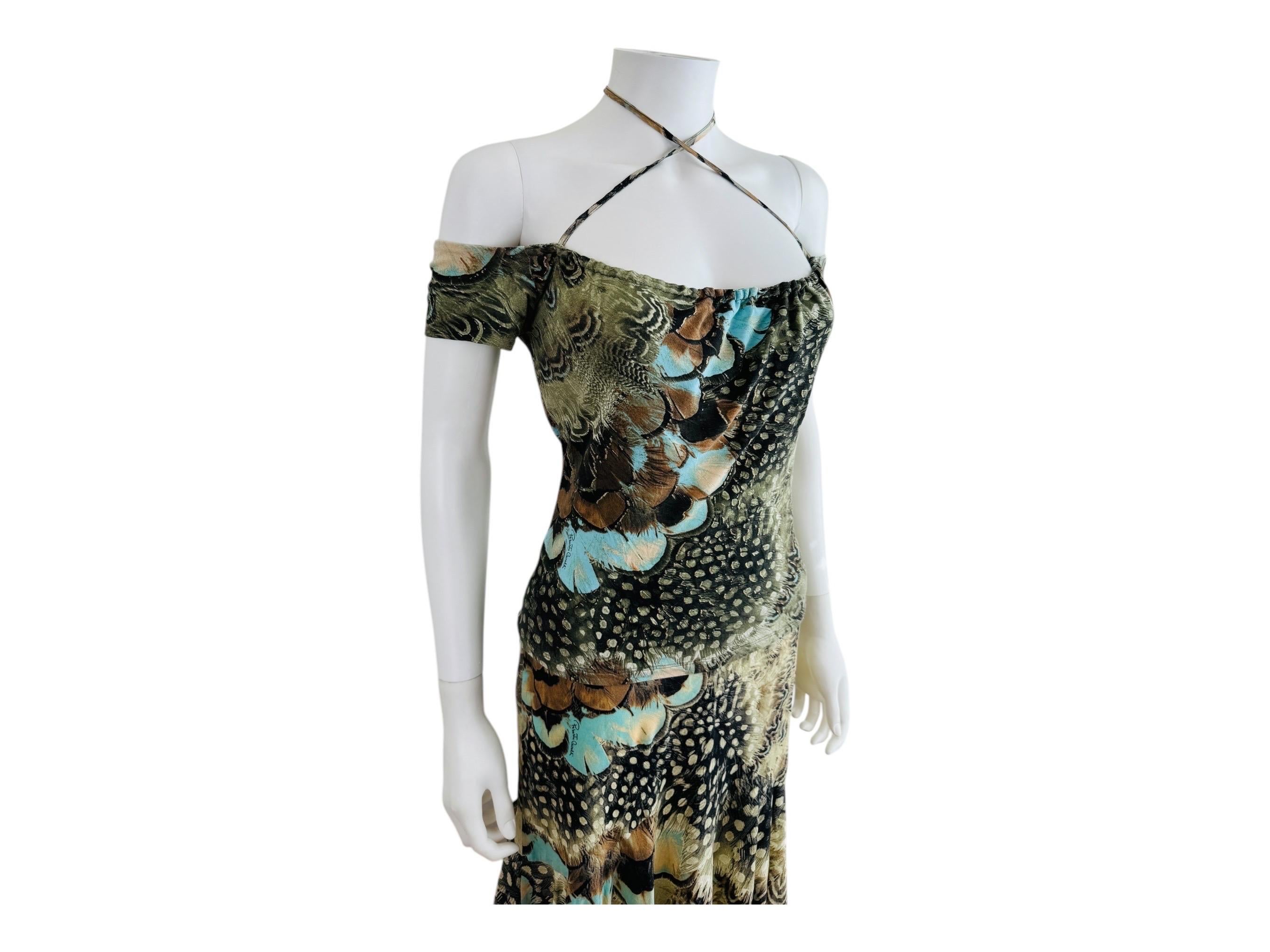 Vintage S/S 2004 Y2K Roberto Cavalli Feather Print Halter Top Skirt Set Dress For Sale 2