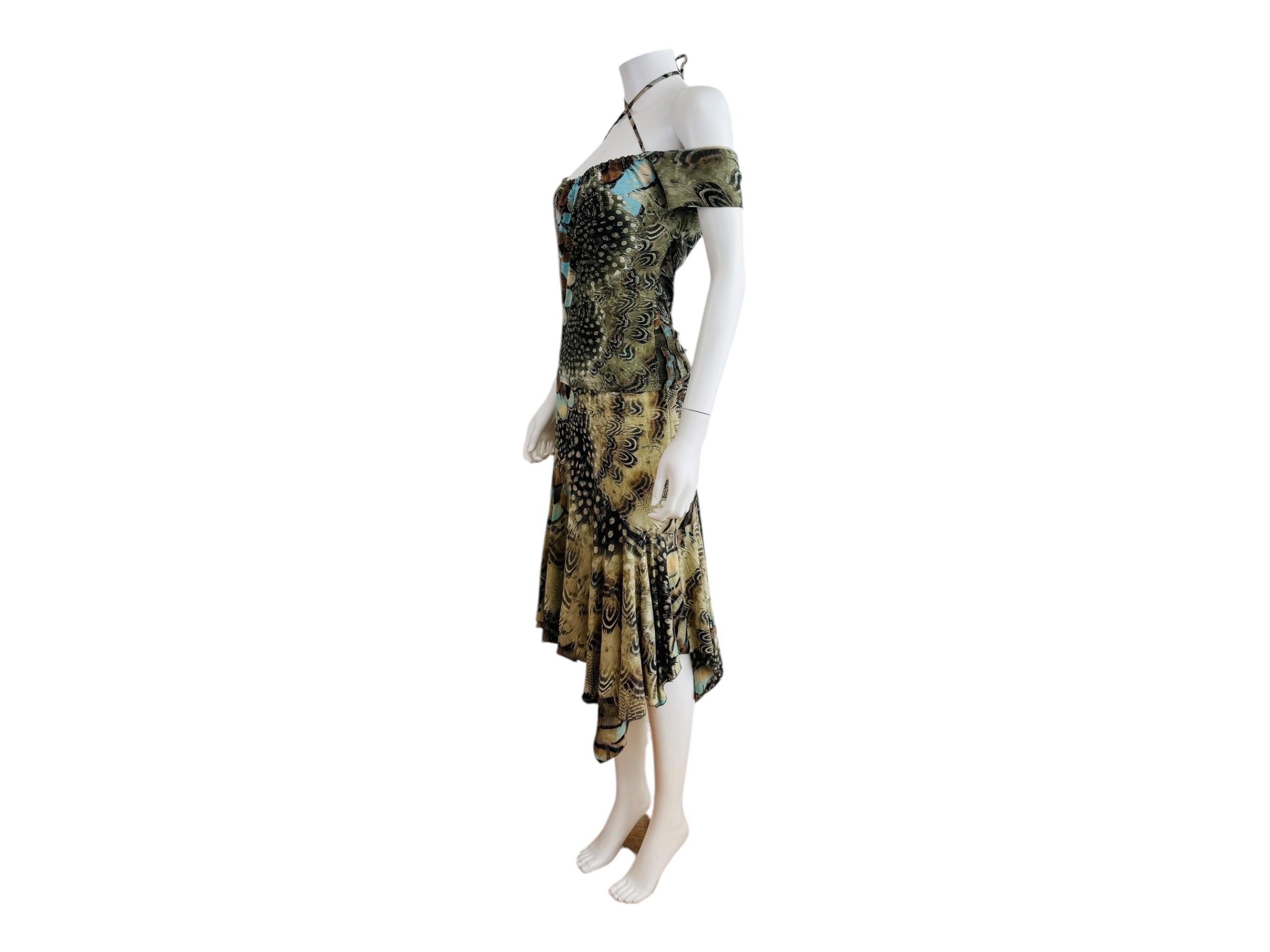 Vintage S/S 2004 Y2K Roberto Cavalli Feather Print Halter Top Skirt Set Dress For Sale 3