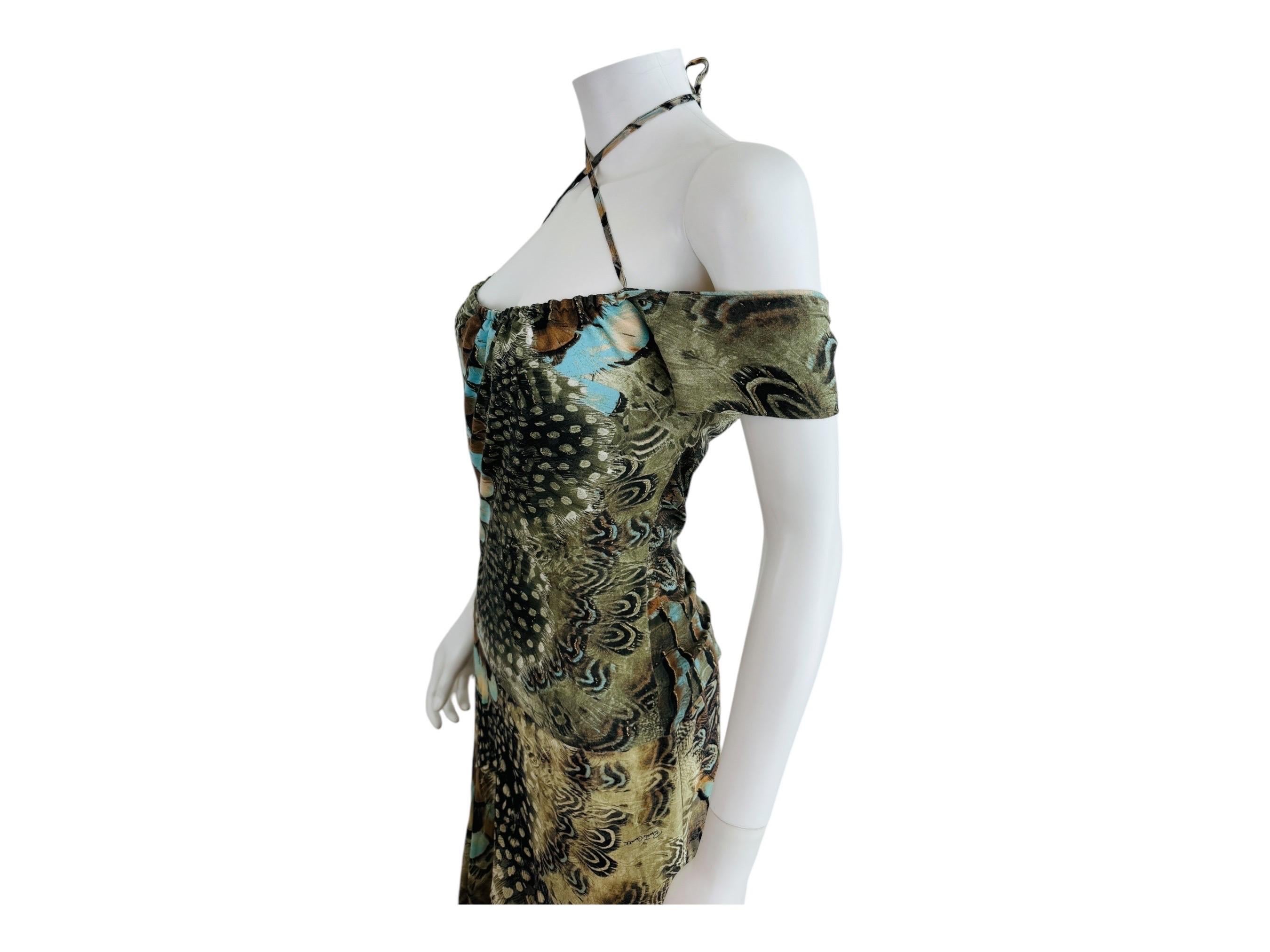 Vintage S/S 2004 Y2K Roberto Cavalli Feather Print Halter Top Skirt Set Dress For Sale 4