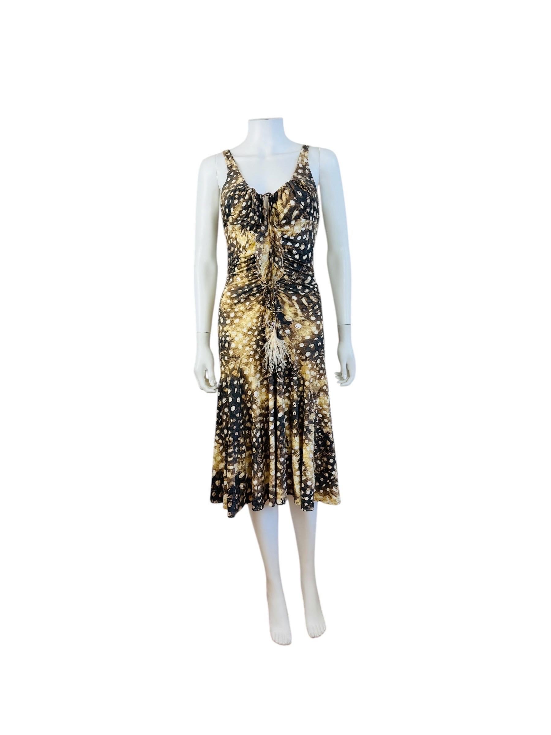S/S 2004 Roberto Cavalli Dress
Oversized feather print
Elastic + nylon stretchy fabric
Scooped neckline with adjustable tie detail at the bust with gold chains, iridescent beads + cream ostrich feathers
Silk chiffon ruffle detail down the bodice
Fit