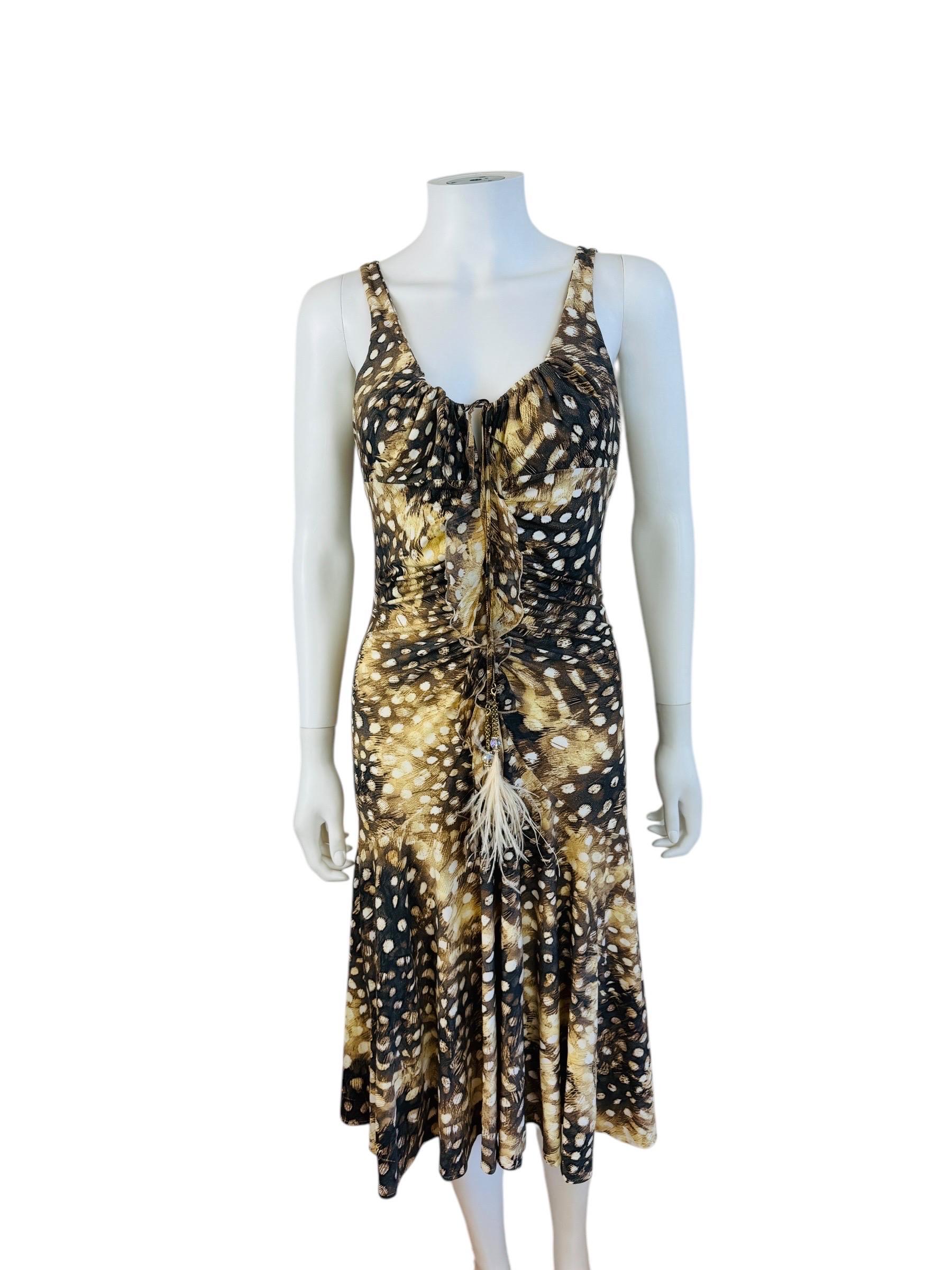 Black Vintage S/S 2004 Y2K Roberto Cavalli Feather Ruched Midi Dress For Sale