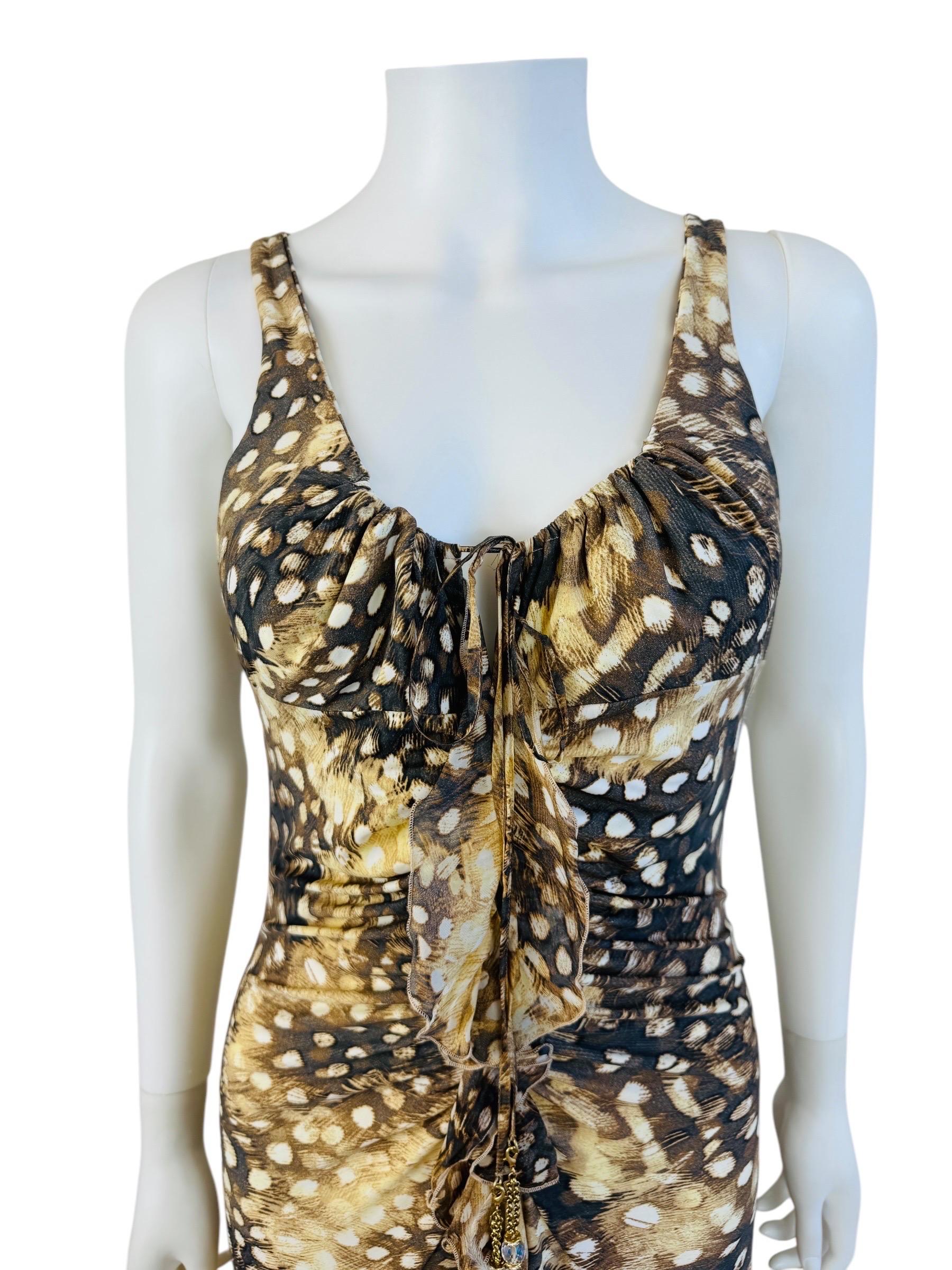 Vintage S/S 2004 Y2K Roberto Cavalli Feather Ruched Midi Dress In Excellent Condition For Sale In Denver, CO