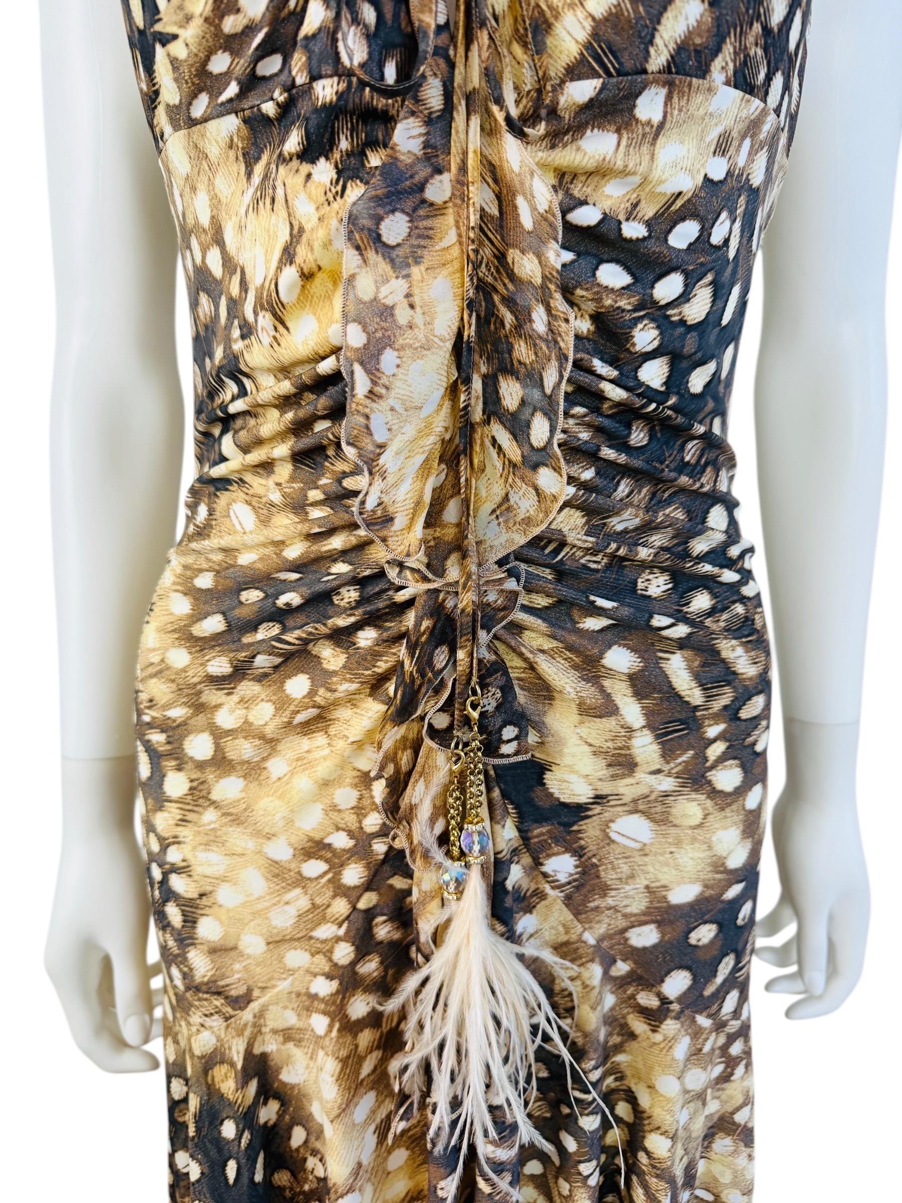 Women's Vintage S/S 2004 Y2K Roberto Cavalli Feather Ruched Midi Dress For Sale