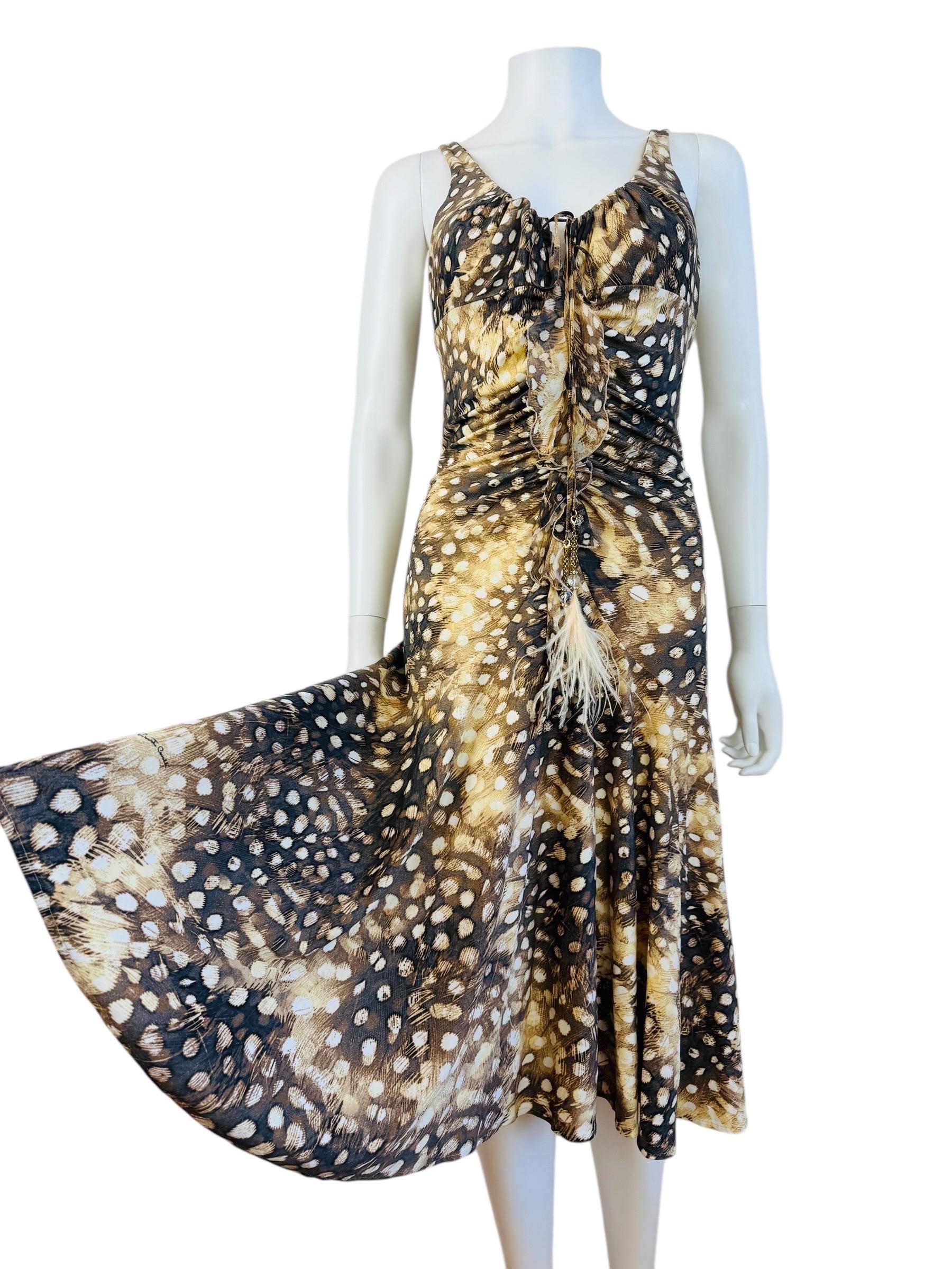 Vintage S/S 2004 Y2K Roberto Cavalli Feather Ruched Midi Dress For Sale 1