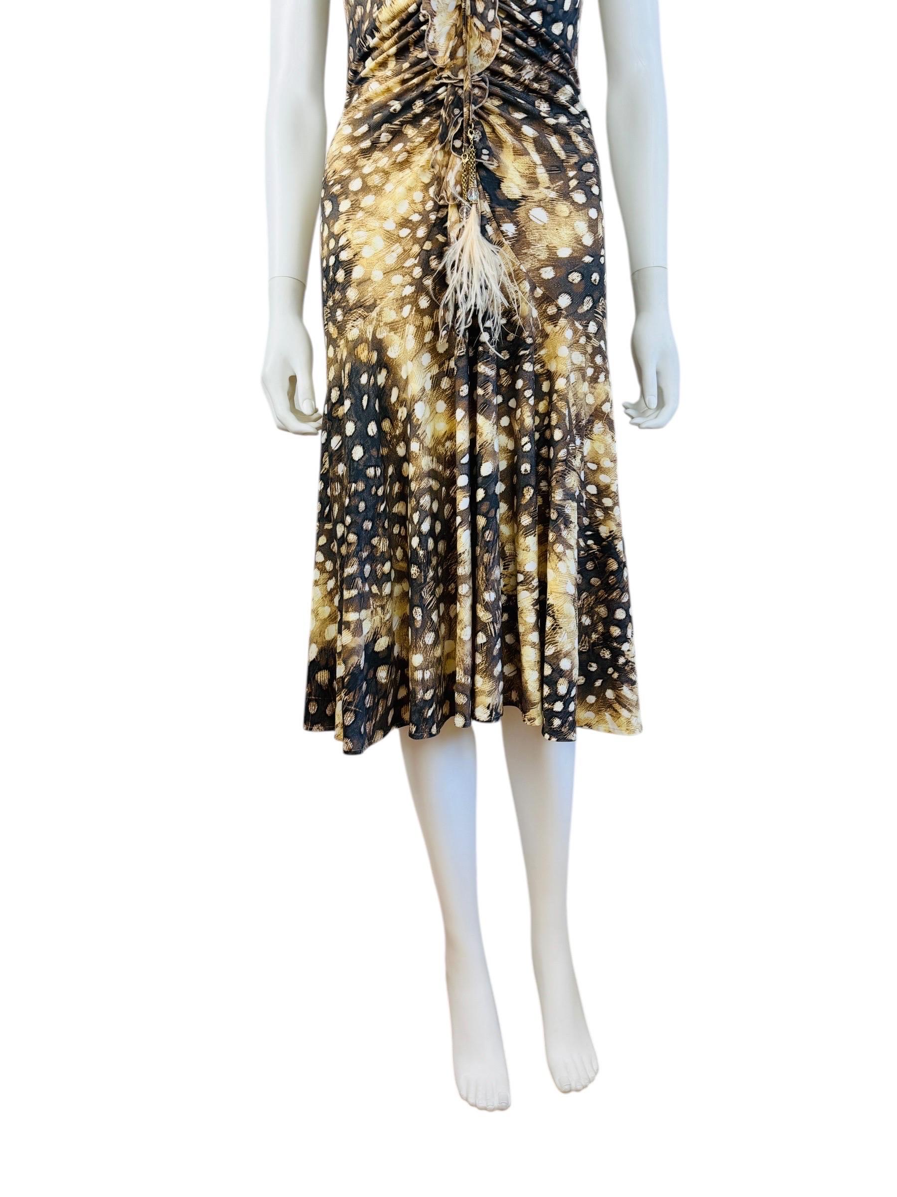 Vintage S/S 2004 Y2K Roberto Cavalli Feather Ruched Midi Dress For Sale 2