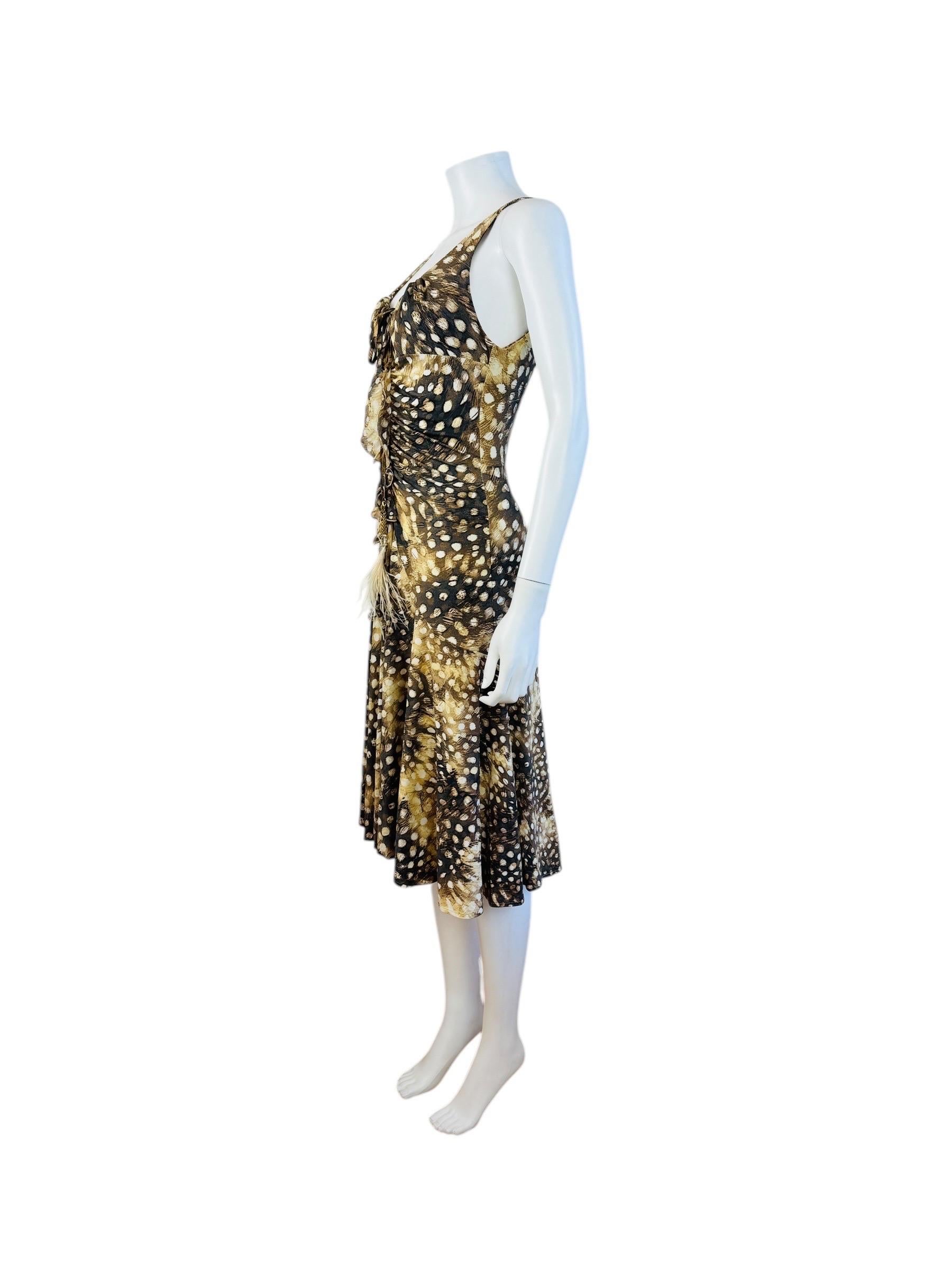 Vintage S/S 2004 Y2K Roberto Cavalli Feather Ruched Midi Dress For Sale 3