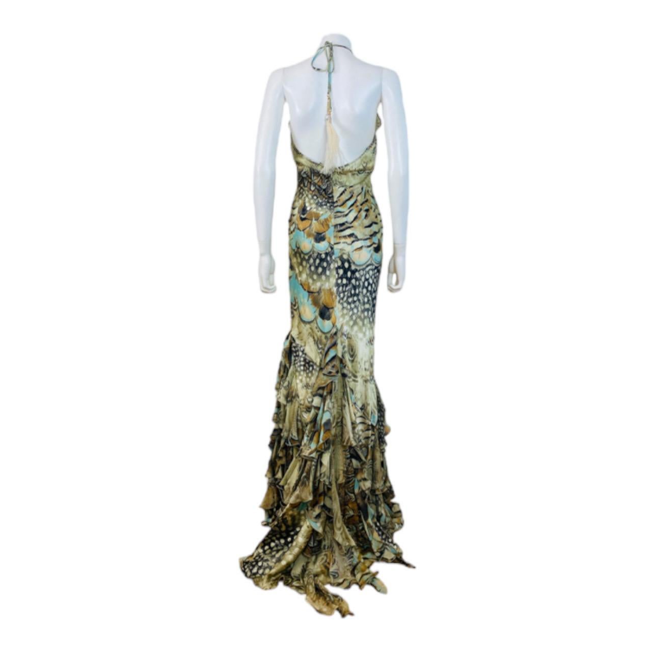 Vintage S/S 2004 Y2K Roberto Cavalli Silk Feather Print Halter Dress Gown Ruffle For Sale 2