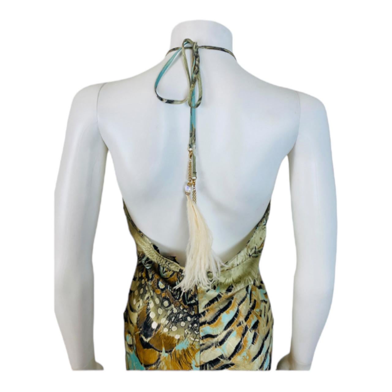 Vintage S/S 2004 Y2K Roberto Cavalli Silk Feather Print Halter Dress Gown Ruffle For Sale 3