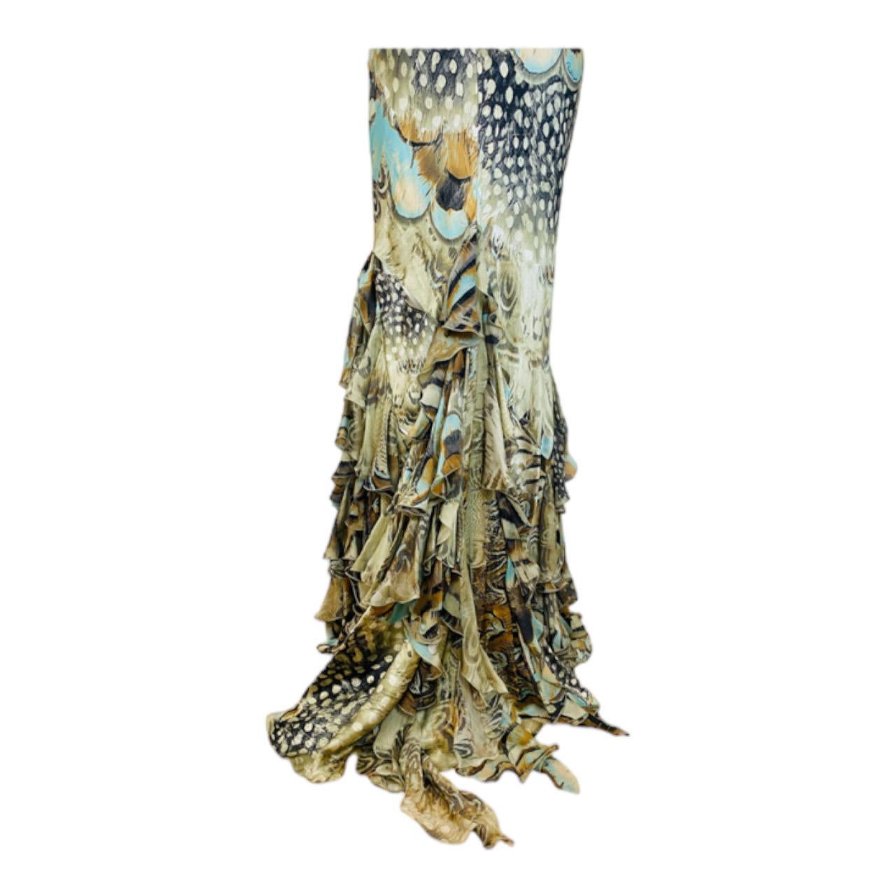 Vintage S/S 2004 Y2K Roberto Cavalli Silk Feather Print Halter Dress Gown Ruffle For Sale 4
