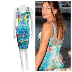 Vintage S/S 2005 D&G Dolce + Gabbana Turquoise Blue Floral Stretch Bodycon Dress