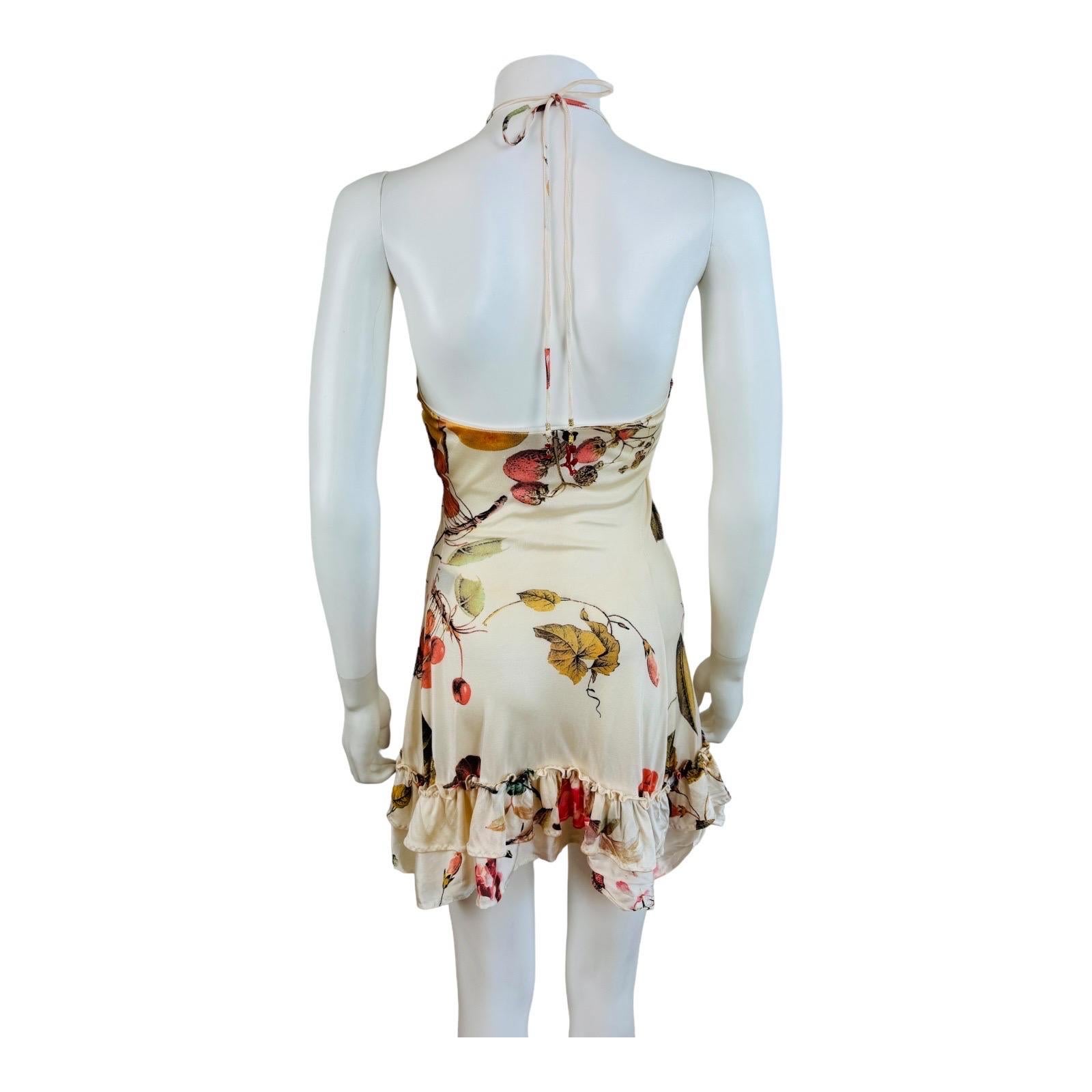 Vintage S/S 2005 Roberto Cavalli Floral Fruit Tiger Print Halter Mini Dress 5