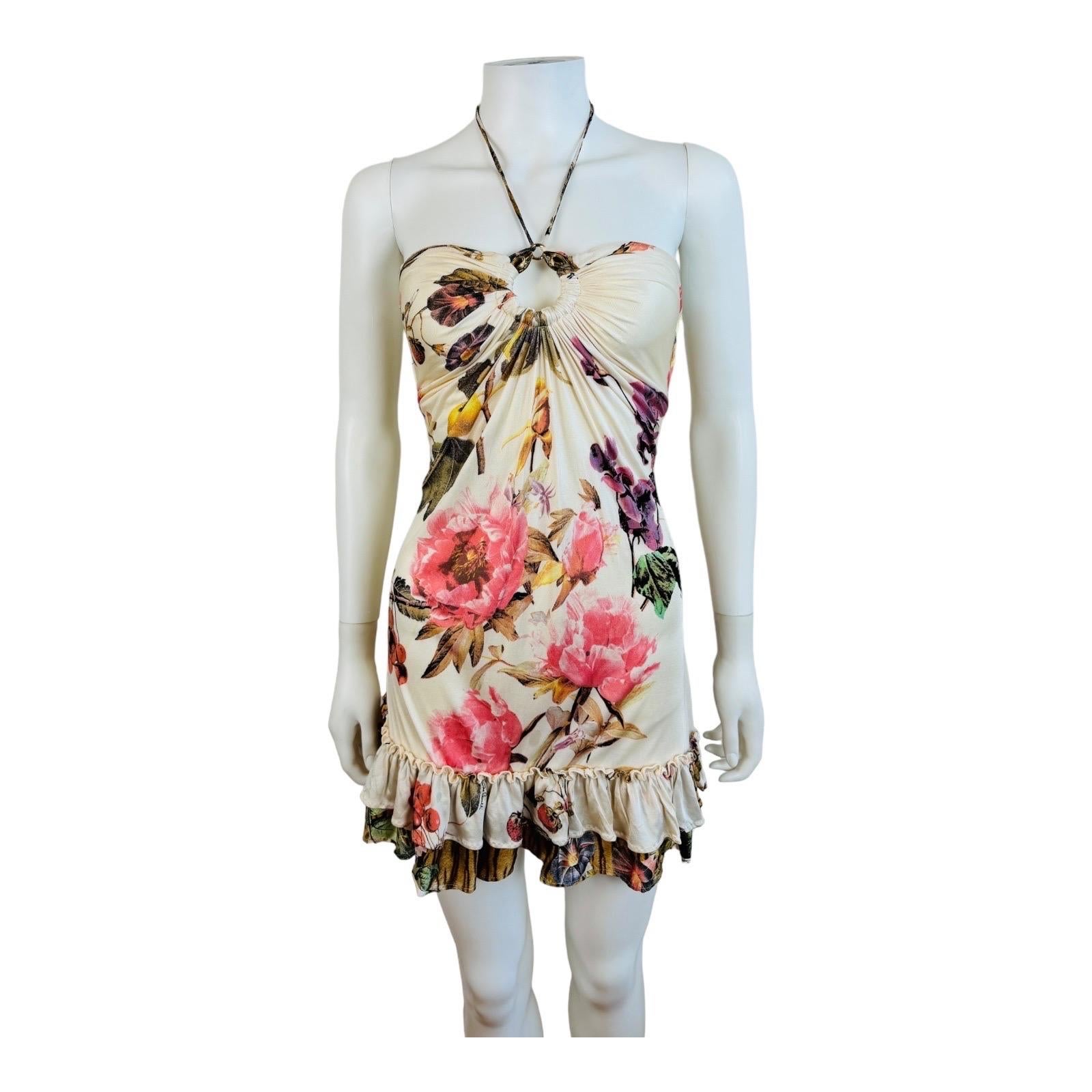 Gray Vintage S/S 2005 Roberto Cavalli Floral Fruit Tiger Print Halter Mini Dress