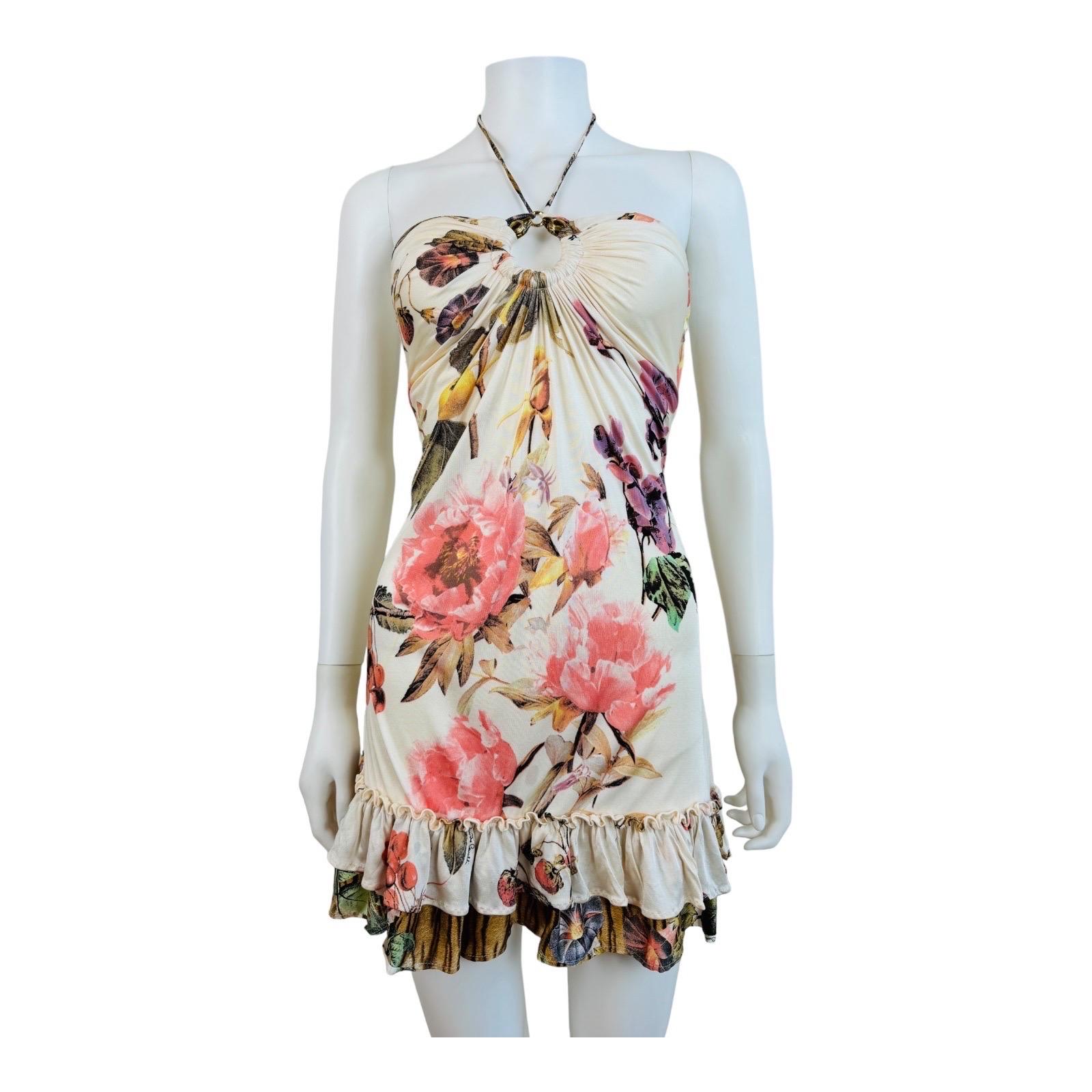 Vintage S/S 2005 Roberto Cavalli Floral Fruit Tiger Print Halter Mini Dress In Excellent Condition In Denver, CO