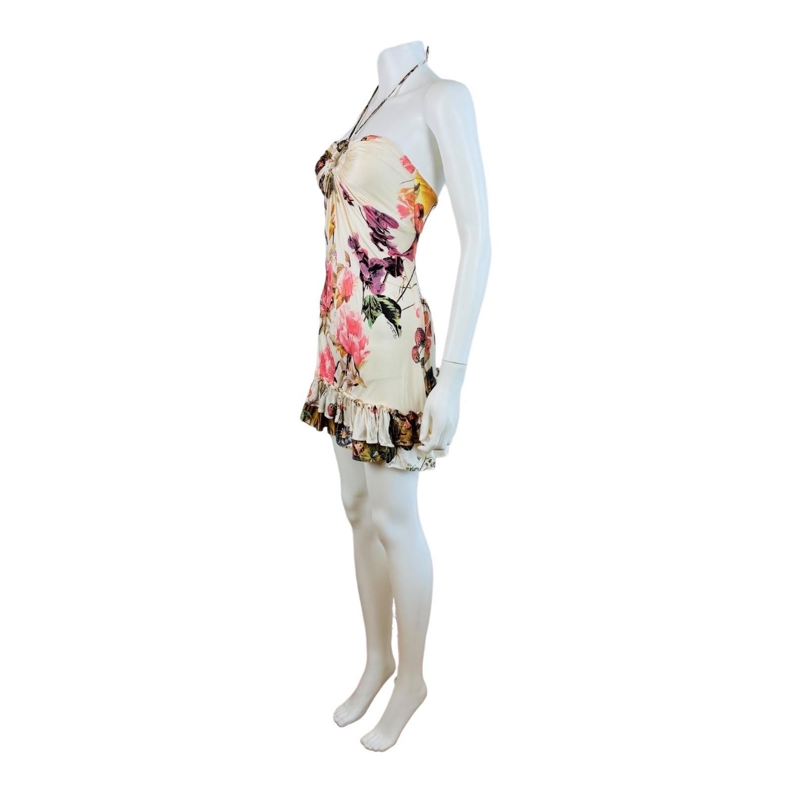 Vintage S/S 2005 Roberto Cavalli Floral Fruit Tiger Print Halter Mini Dress 1