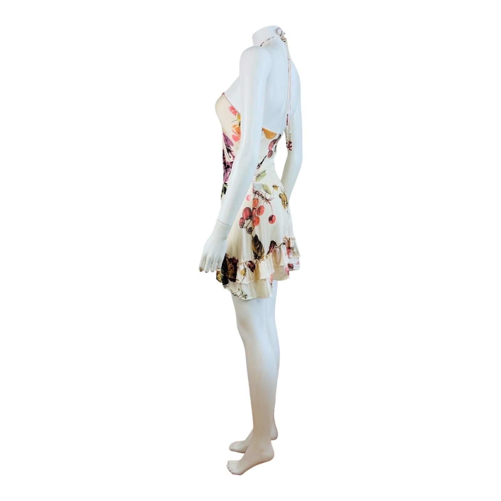 Vintage S/S 2005 Roberto Cavalli Floral Fruit Tiger Print Halter Mini Dress 3