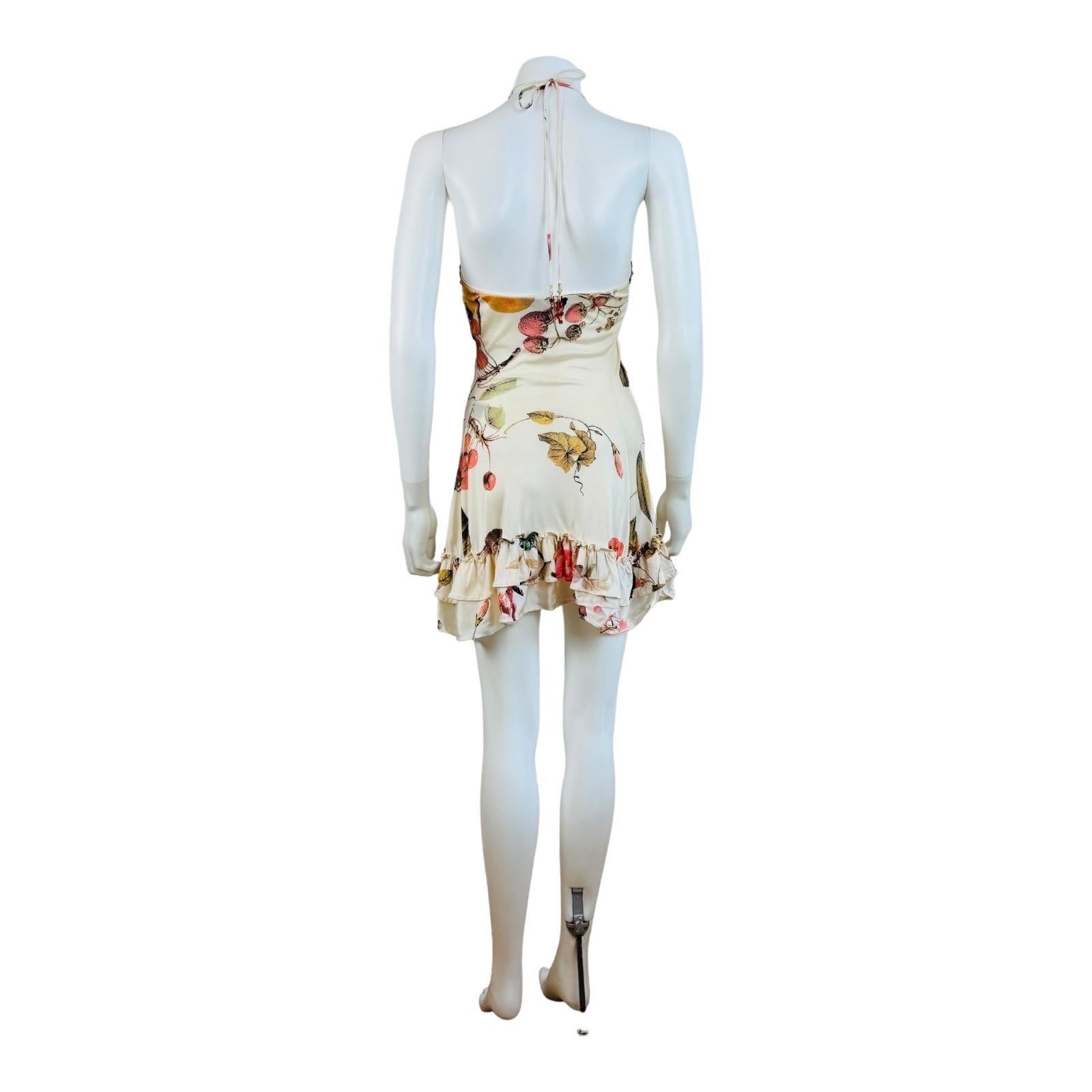 Vintage S/S 2005 Roberto Cavalli Floral Fruit Tiger Print Halter Mini Dress 4