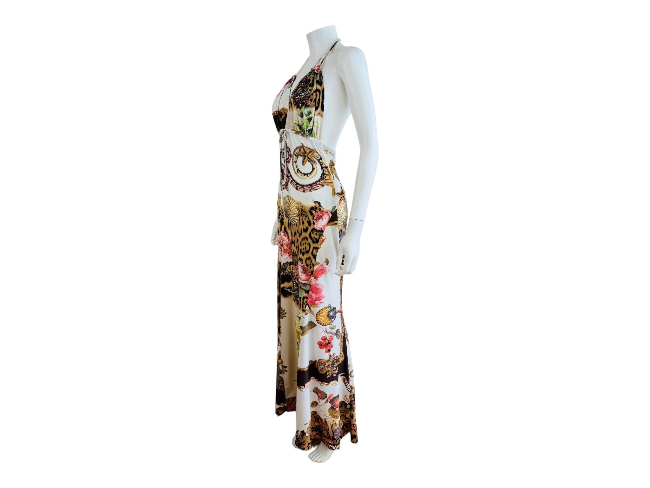 Vintage S/S 2005 Roberto Cavalli Halter Maxi Dress Gown Floral Leopard Seashell 6
