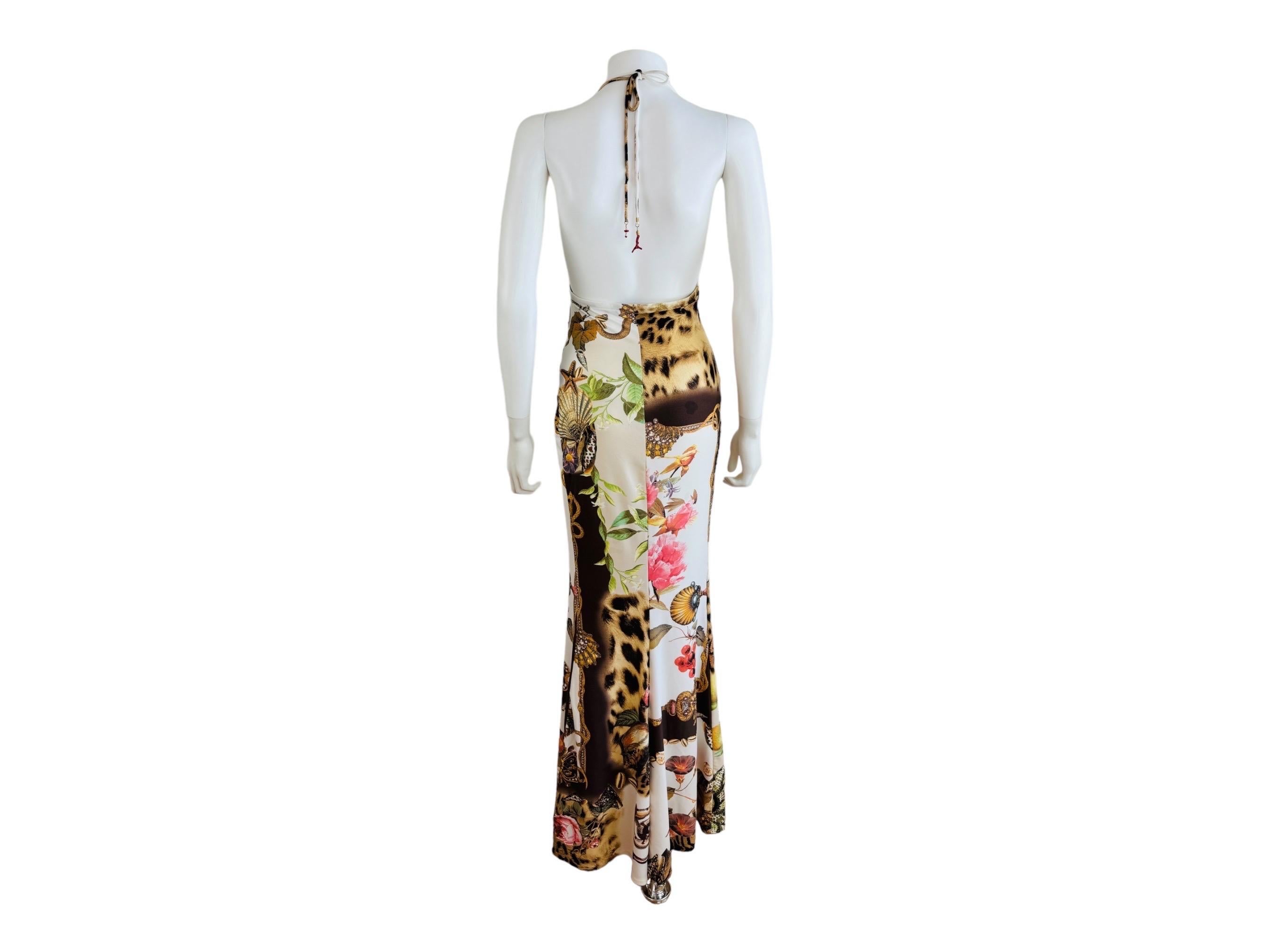 Vintage S/S 2005 Roberto Cavalli Halter Maxi Dress Gown Floral Leopard Seashell 7