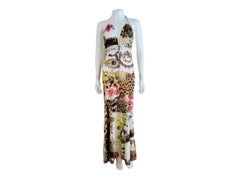 Vintage S/S 2005 Roberto Cavalli Halter Maxi Dress Gown Floral Leopard Seashell