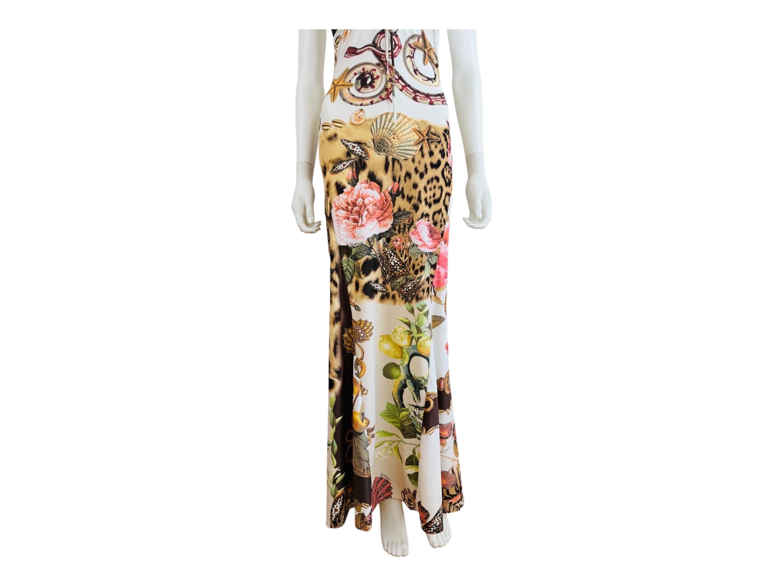 Women's Vintage S/S 2005 Roberto Cavalli Halter Maxi Dress Gown Floral Leopard Seashell