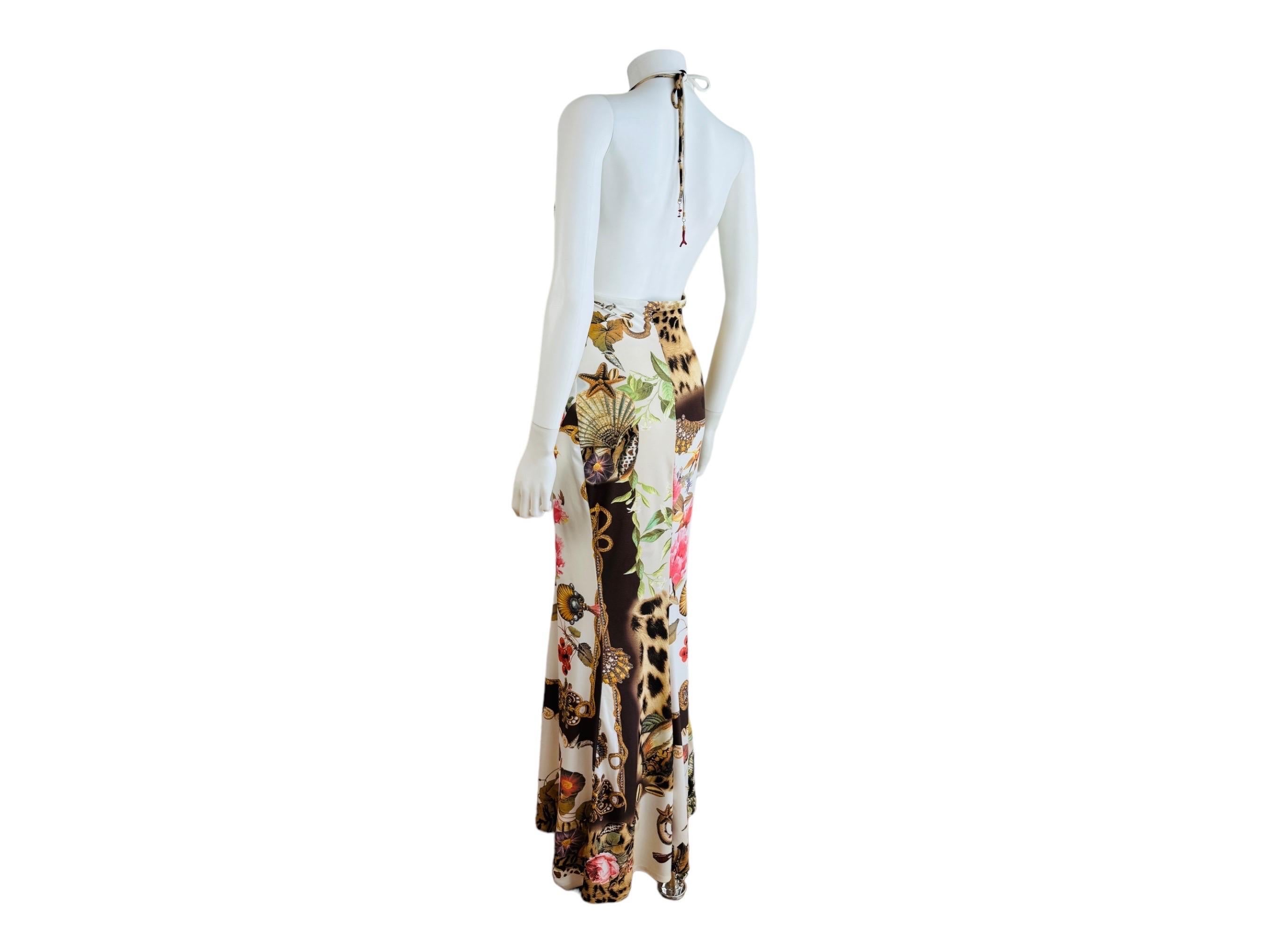 Vintage S/S 2005 Roberto Cavalli Halter Maxi Dress Gown Floral Leopard Seashell 1