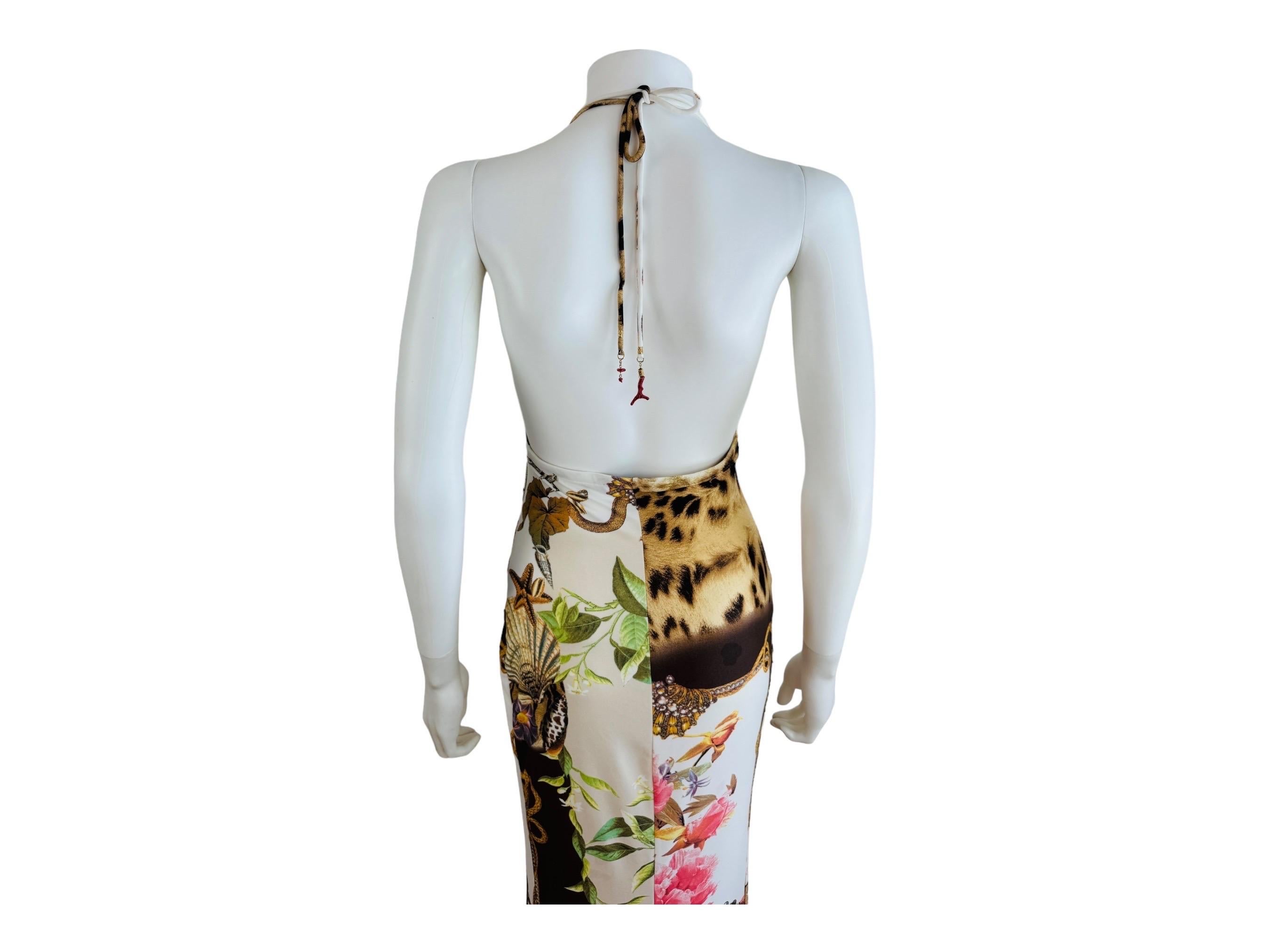 Vintage S/S 2005 Roberto Cavalli Halter Maxi Dress Gown Floral Leopard Seashell 2