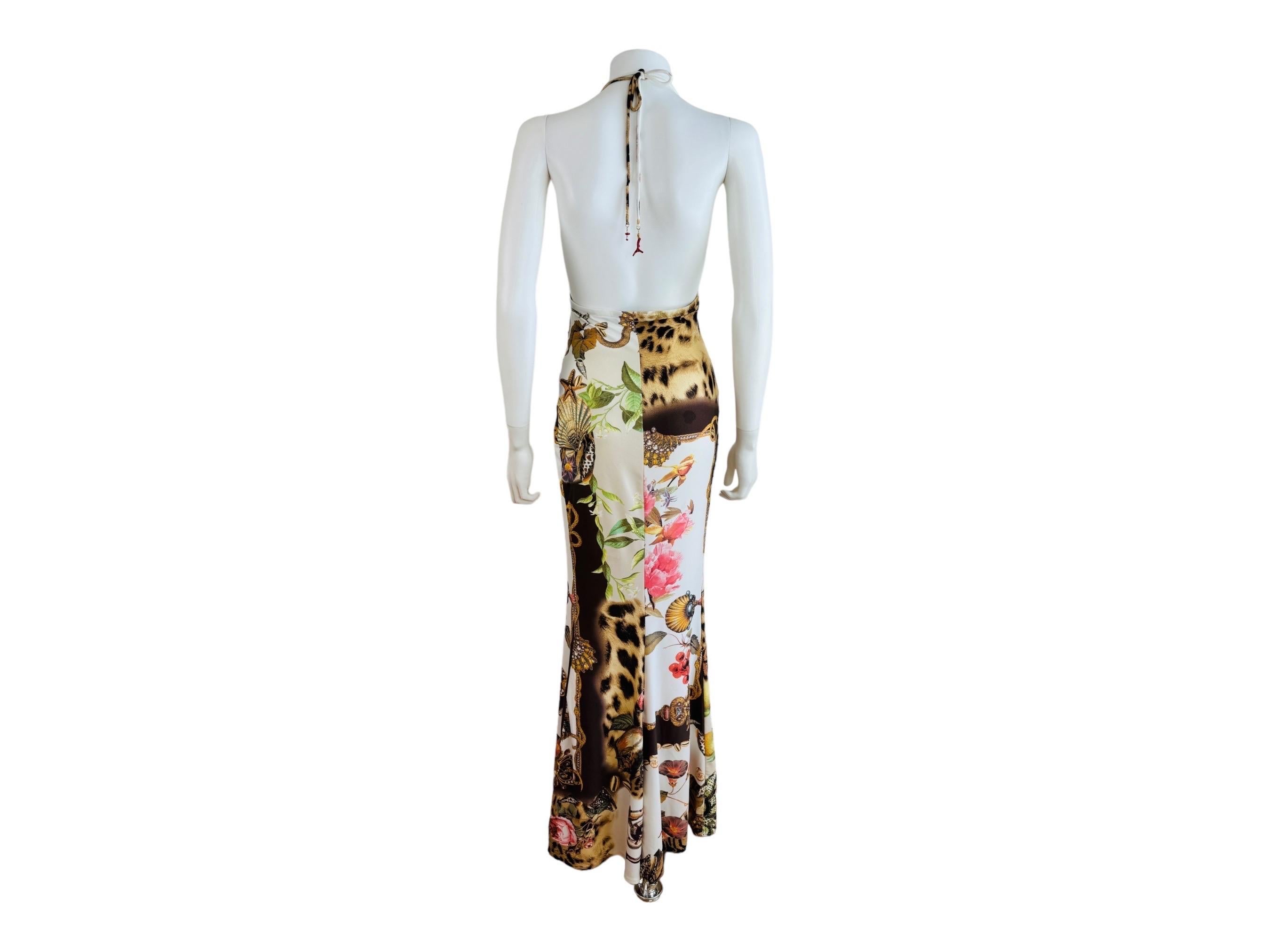 Vintage S/S 2005 Roberto Cavalli Halter Maxi Dress Gown Floral Leopard Seashell 3