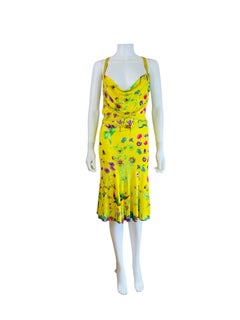Vintage S/S 2006 Y2K Versace Yellow Floral Medusa Belt Medallion Dress