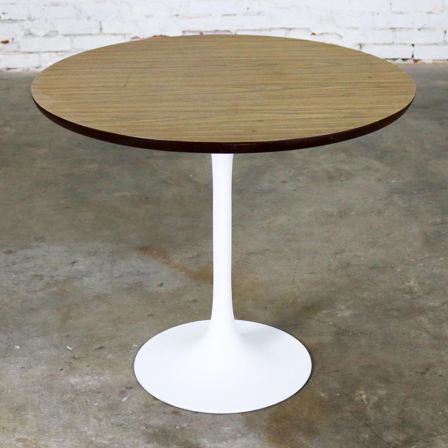 Vintage Saarinen Style White Tulip Base Table Light Woodgrain Laminate Top 7