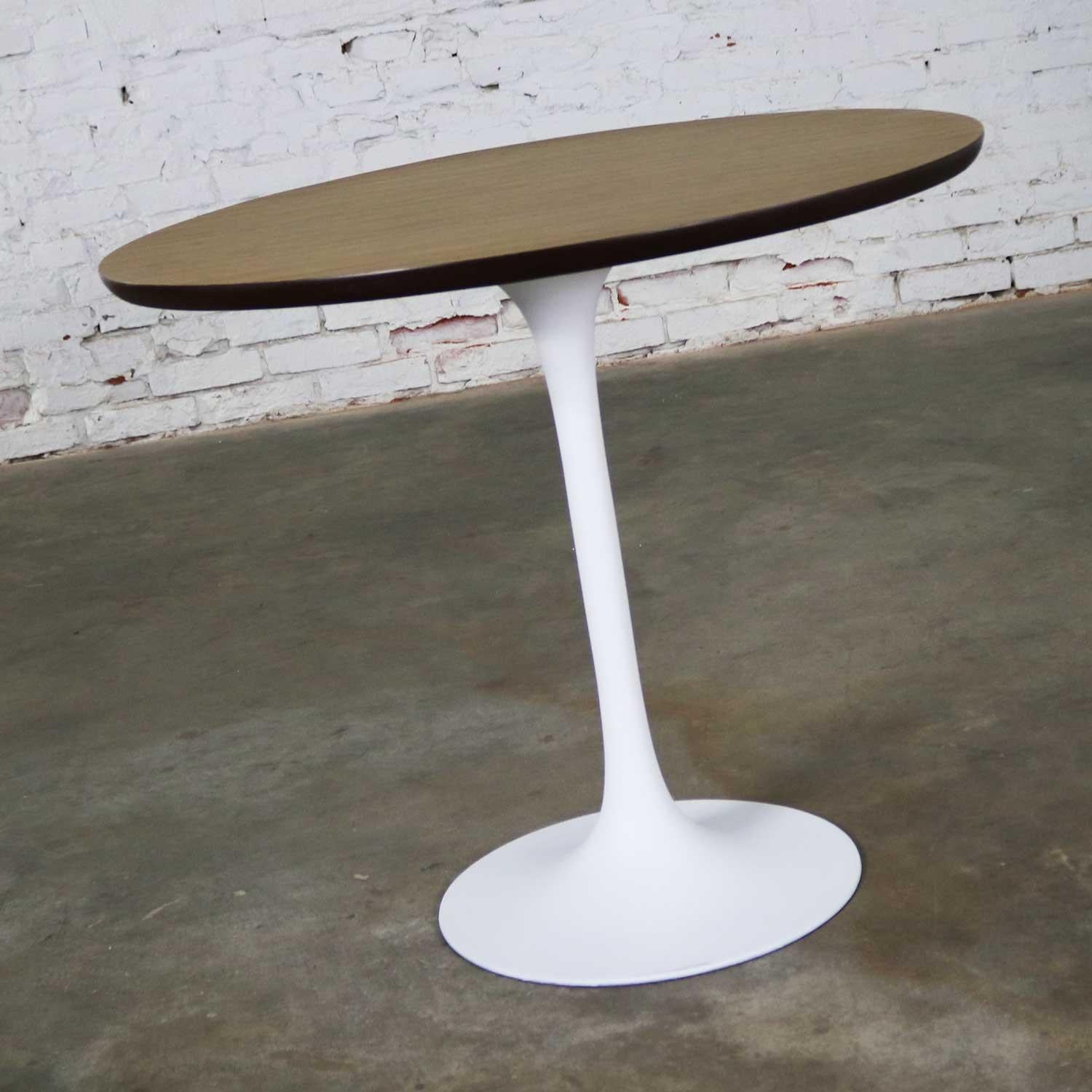 Cast Vintage Saarinen Style White Tulip Base Table Light Woodgrain Laminate Top