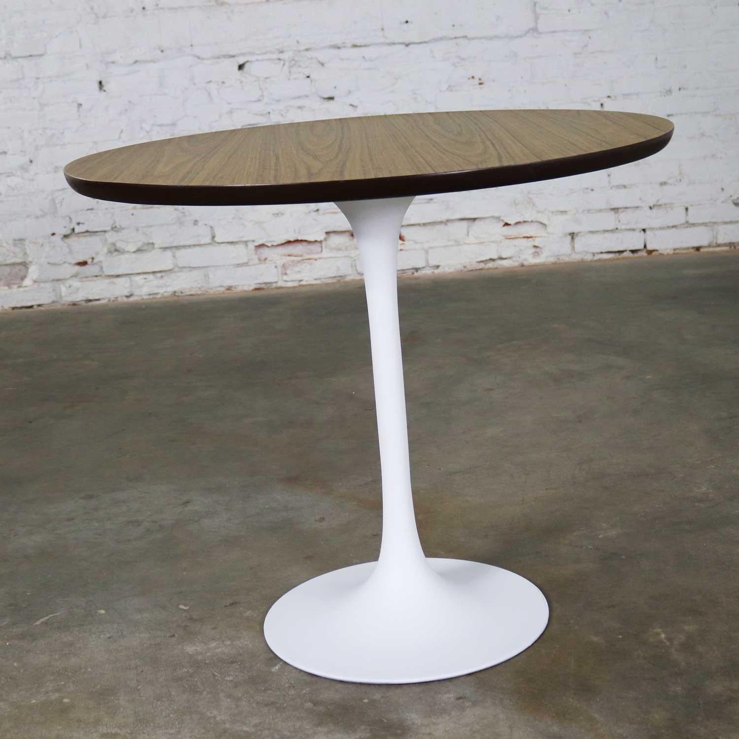 Vintage Saarinen Style White Tulip Base Table Light Woodgrain Laminate Top 1