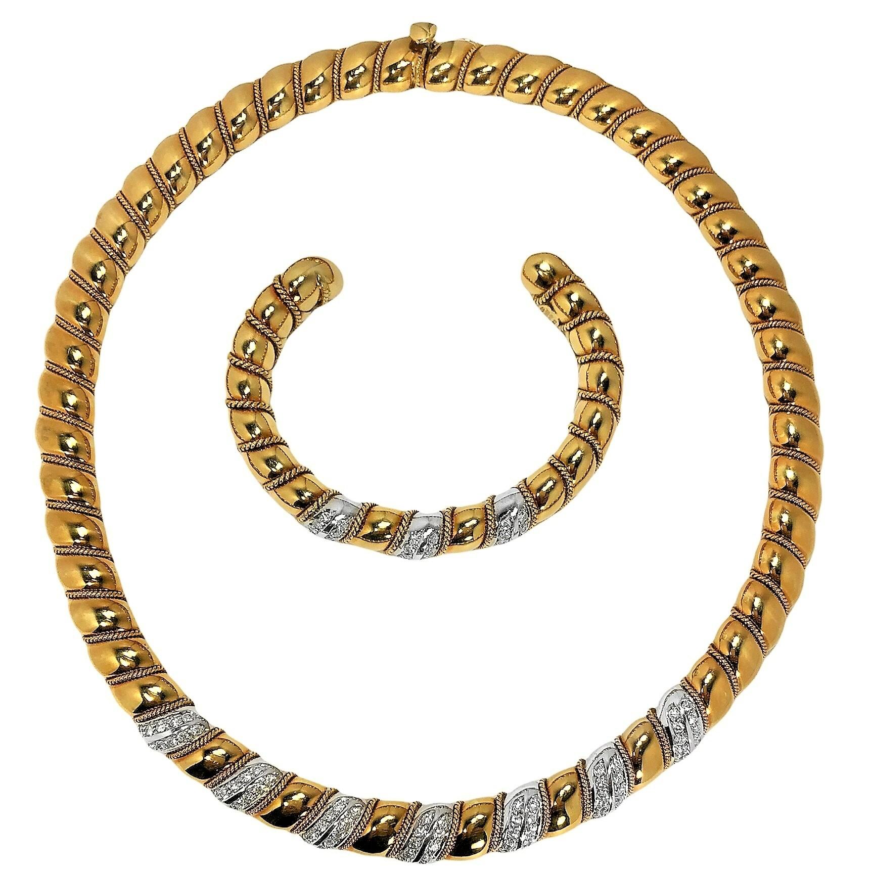 Vintage Sabbadini or jaune et blanc 18k  Bracelet jonc avec diamants en vente 4