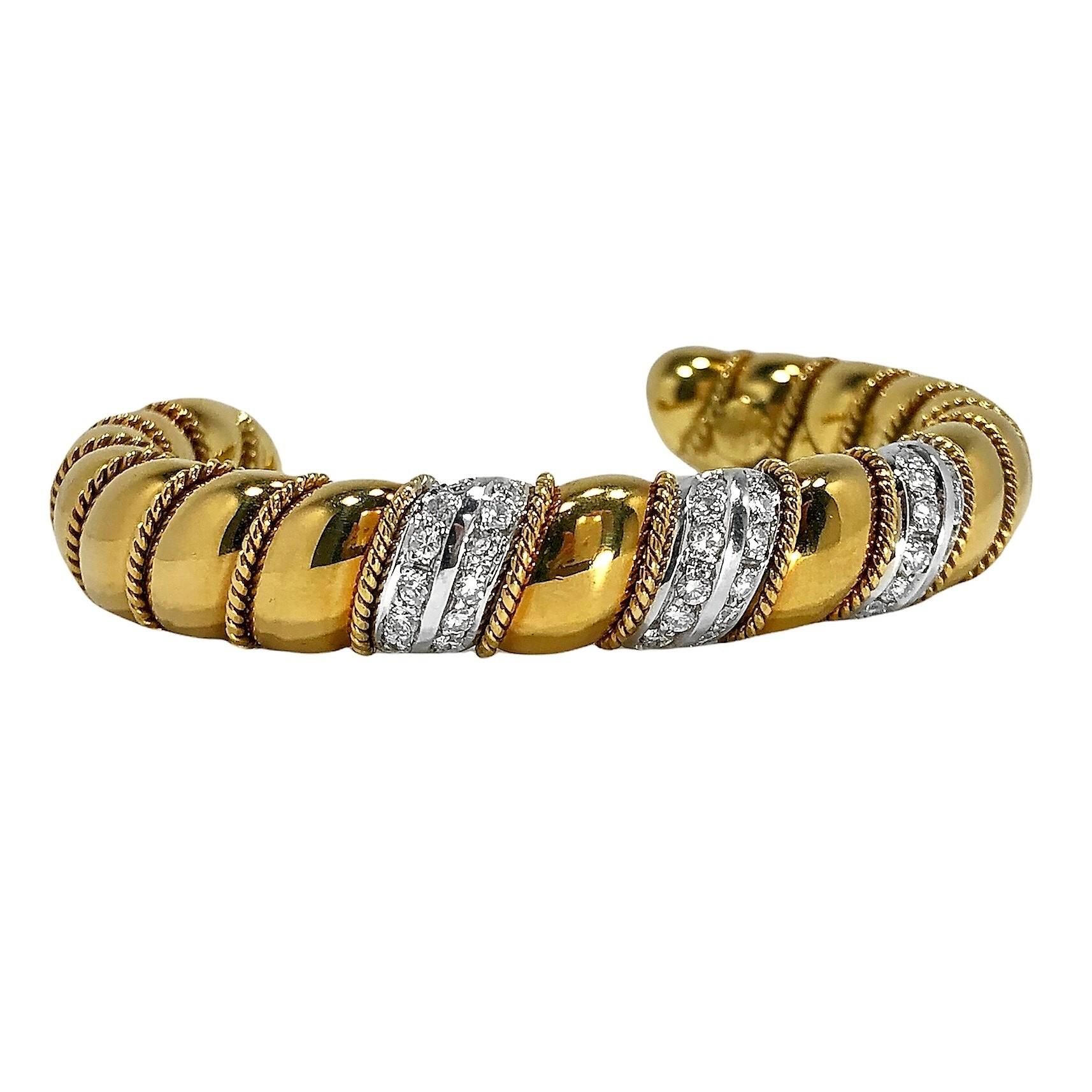 Contemporary Vintage Sabbadini 18k Yellow and White Gold  Bangle Bracelet with Diamonds For Sale