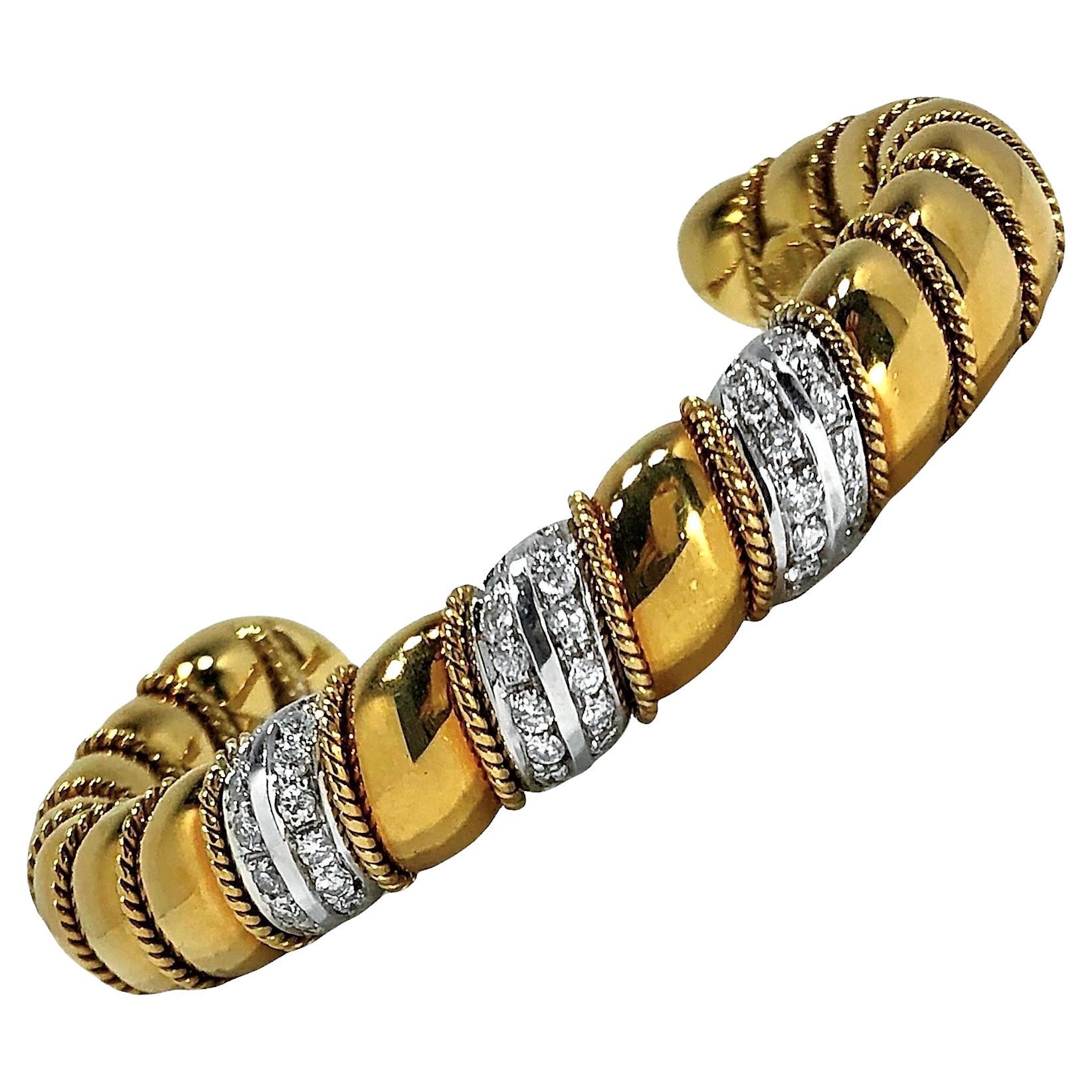 Vintage Sabbadini 18k Yellow and White Gold  Bangle Bracelet with Diamonds