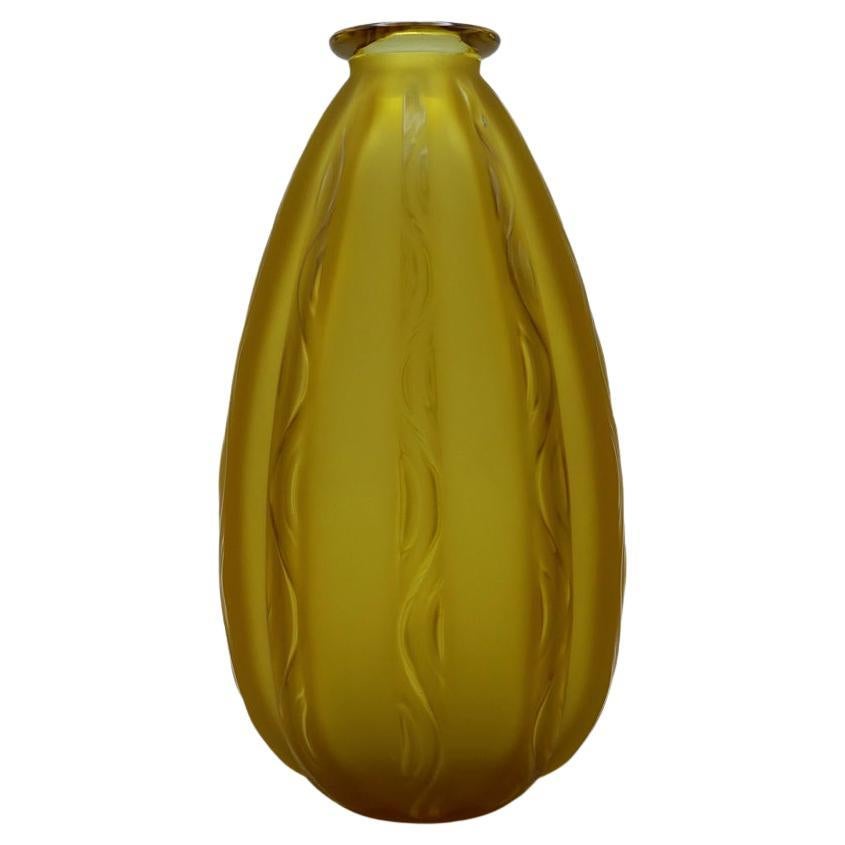 Vintage Sabino Art Deco Amber Color Art Glass Vase, Ondulations, France, 1931 For Sale